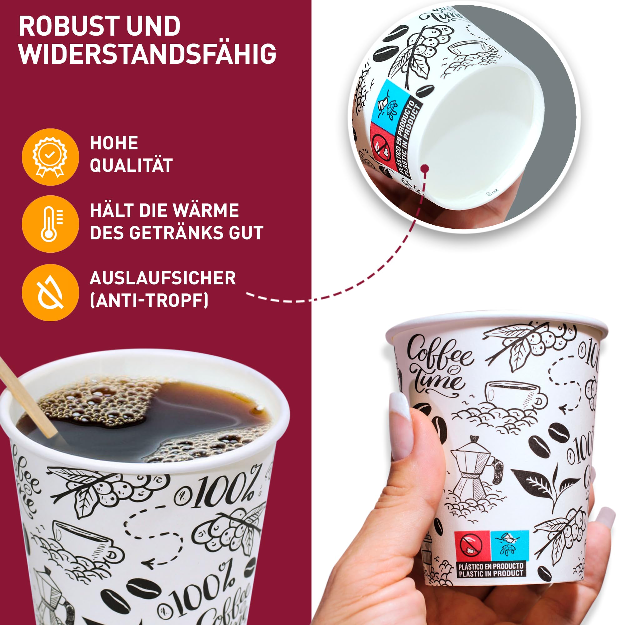 METAPRINT Einweg-Kaffeetassen Mit Deckel - 100 Stück, 340 Ml, Auslaufsicher Für To-Go, Büro & Events