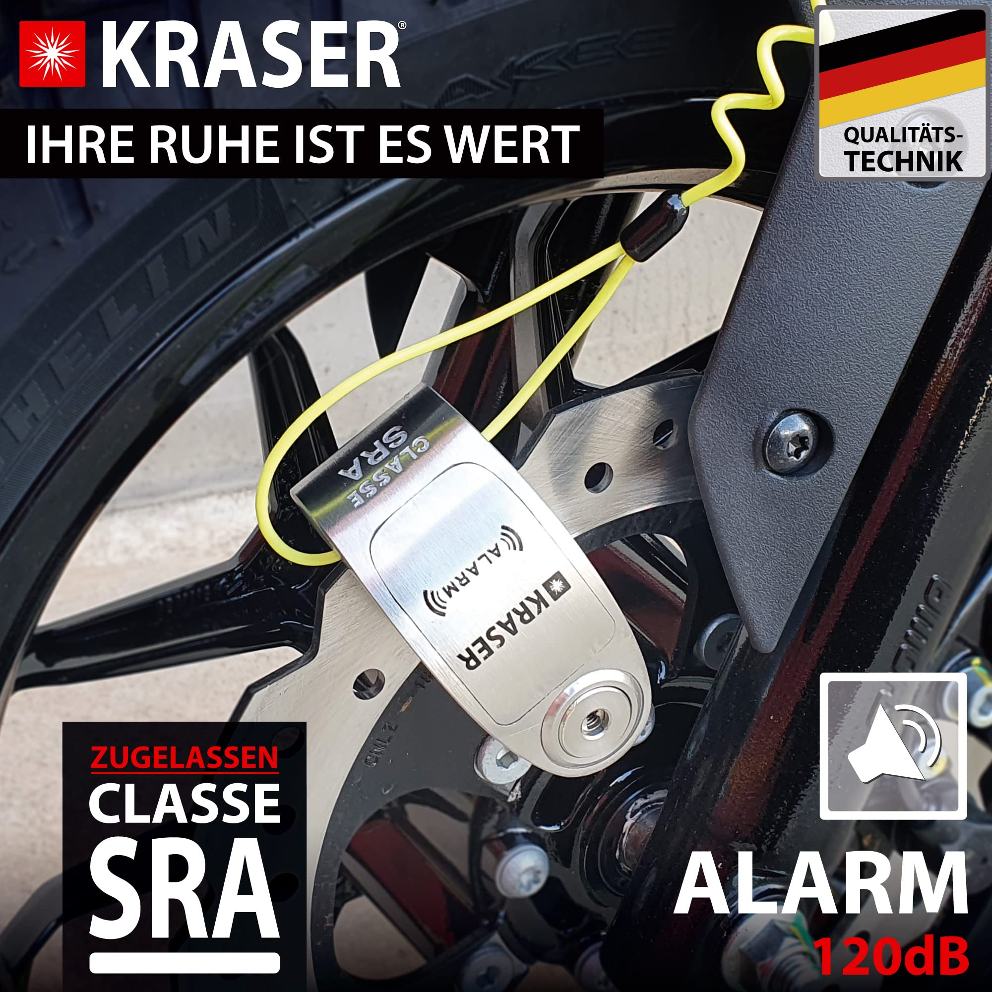 KRASER KR14S Bremsscheibenschloss Alarm für Motorrad, Roller, Motorradschloss Bremsscheibenschloss mit Zulassung Hohe Sicherheit, Motorradschloss mit Alarm Motorrad Schloss Bremsscheibe, 14mm
