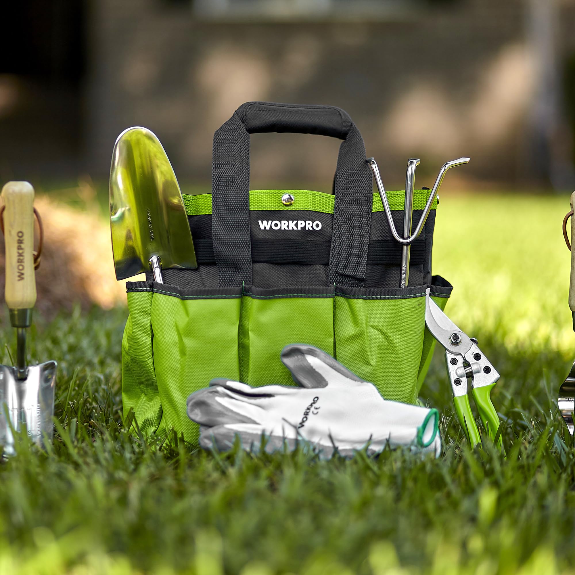 WORKPRO Juego de Herramientas para Jardín 8PC, Juego de Herramientas Jardinería de Acero Inoxidable, con Mango de Madera, Bolsa de Jardín