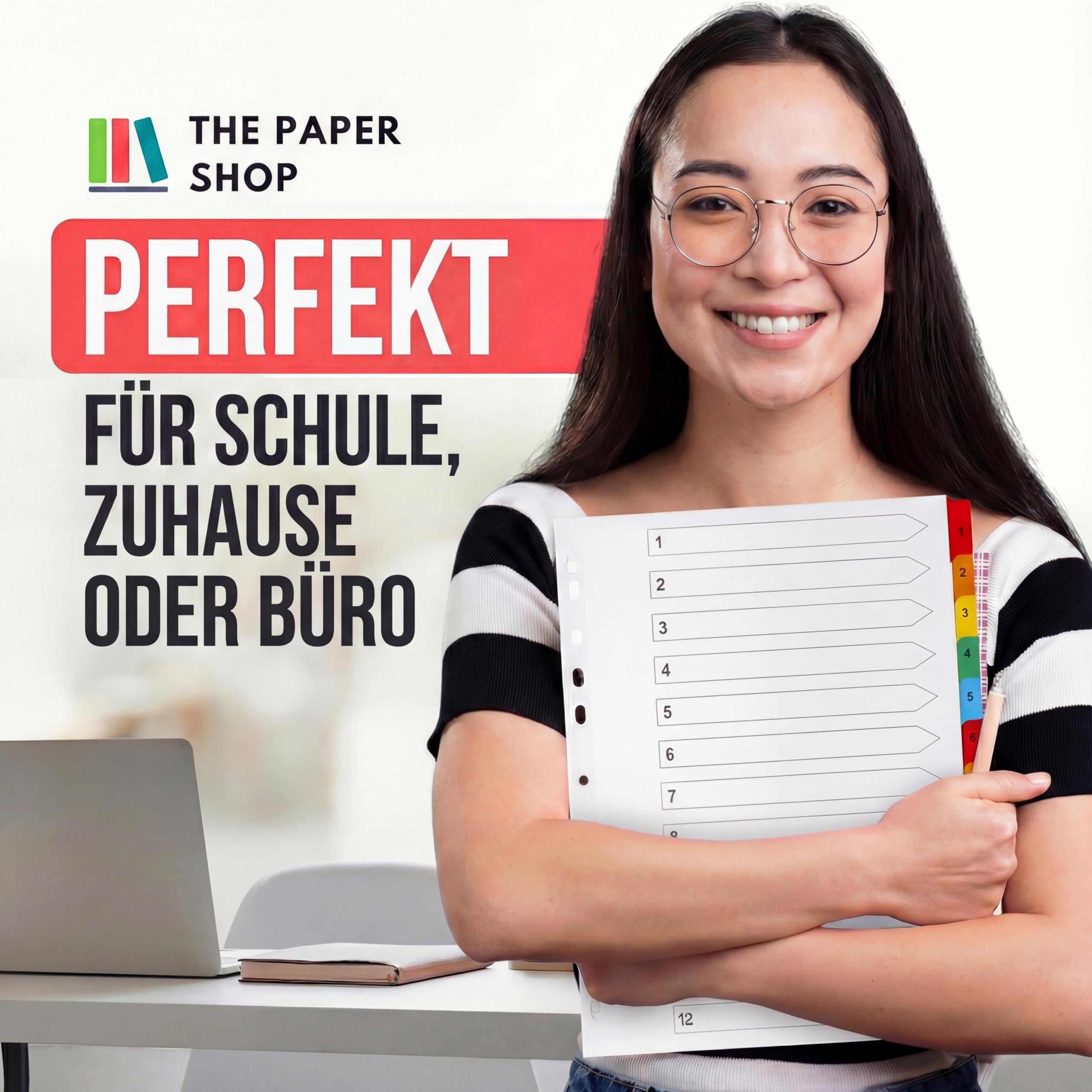 The Paper Shop Register für Ordner A4+ Extra Breit - 12-teilig Nummeriert (10 Pack) | Trennstreifen & Unterteiler für Ringordner | Extra Breite Trennblätter Großpack - 120 Stück