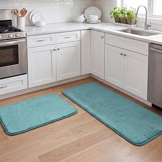 H.VERSAILTEX Kitchen Mat 2 PCS Non Slip Memory Foam Flannel Velvety Kitchen Runner Rug Set for Floor Standing Rugs (47" x 17" + 24" x 17", Eggshell Blue)