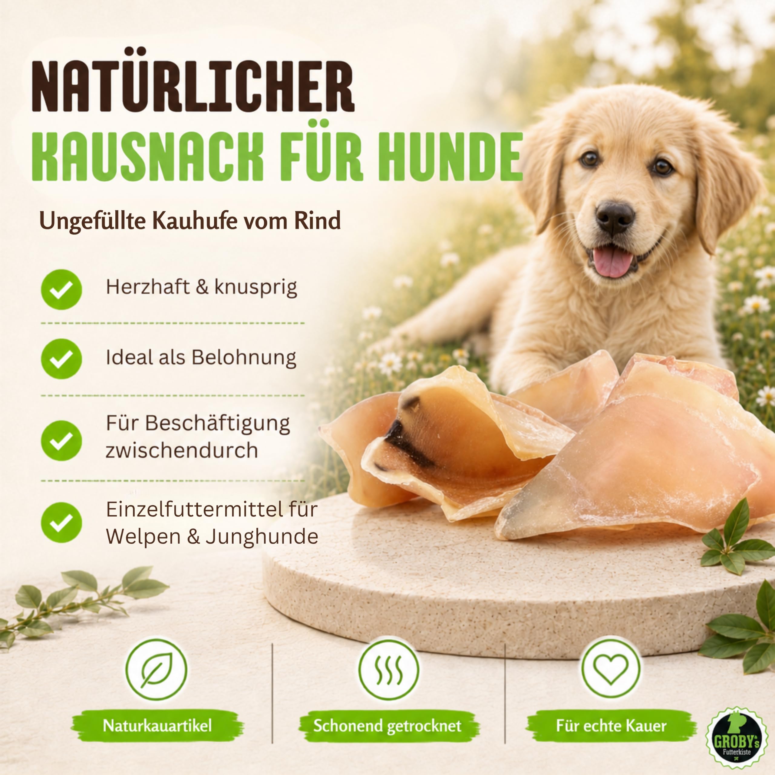 Rinderhufe für Hunde 100 Stück - ungefüllte Kauhufe vom Rind - extrem Harter Naturkauartikel zum Befüllen - Langer Kauspaß für Welpen und Junghunde