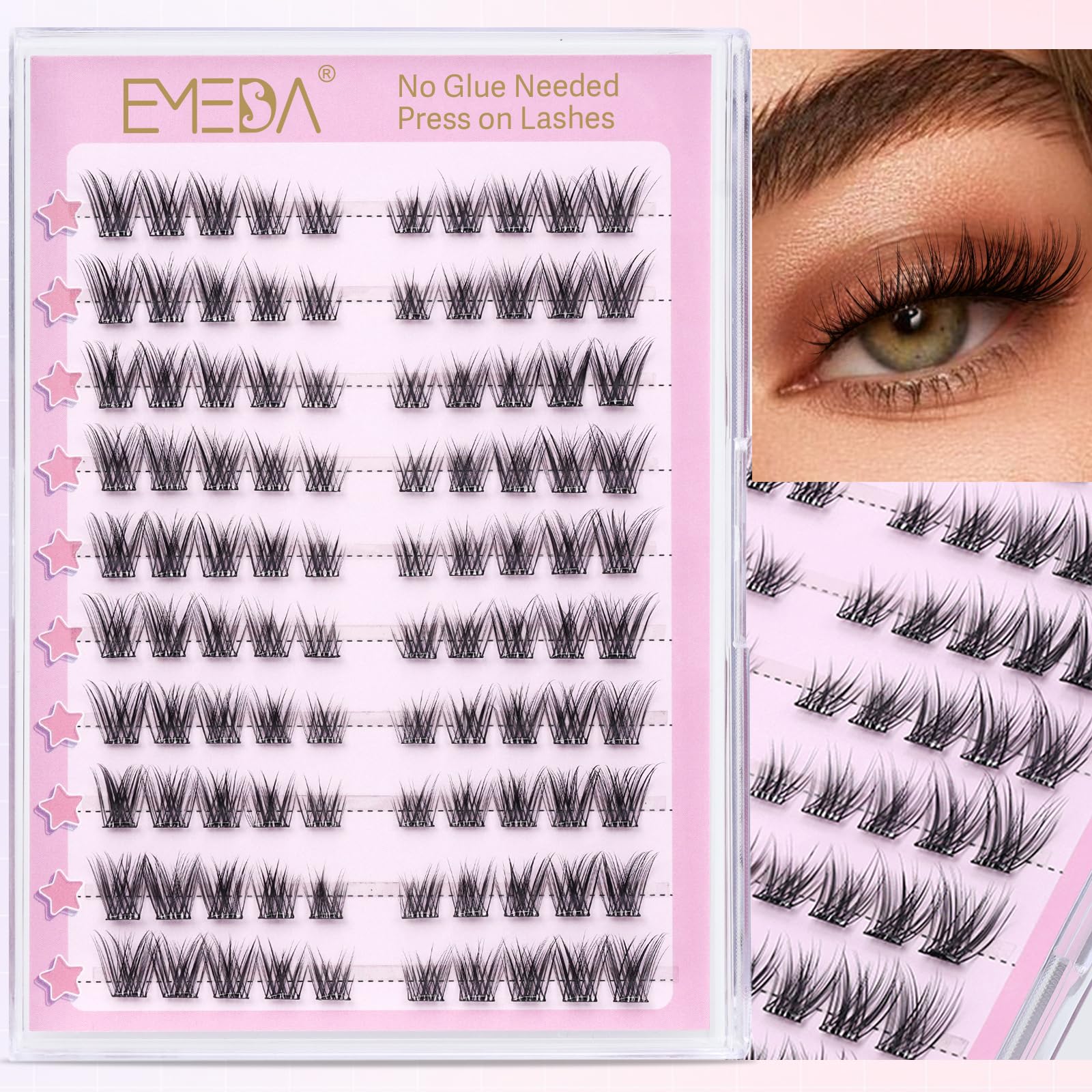 EMEDA ciglia autoadesive naturale, kit ciglia a grappolo senza colla 120pcs Ciglia naturali a pressione, DIY Ciglia a grappolo preincollate con pinzetta Ciglia da gatto preincollate (Cat eye02)