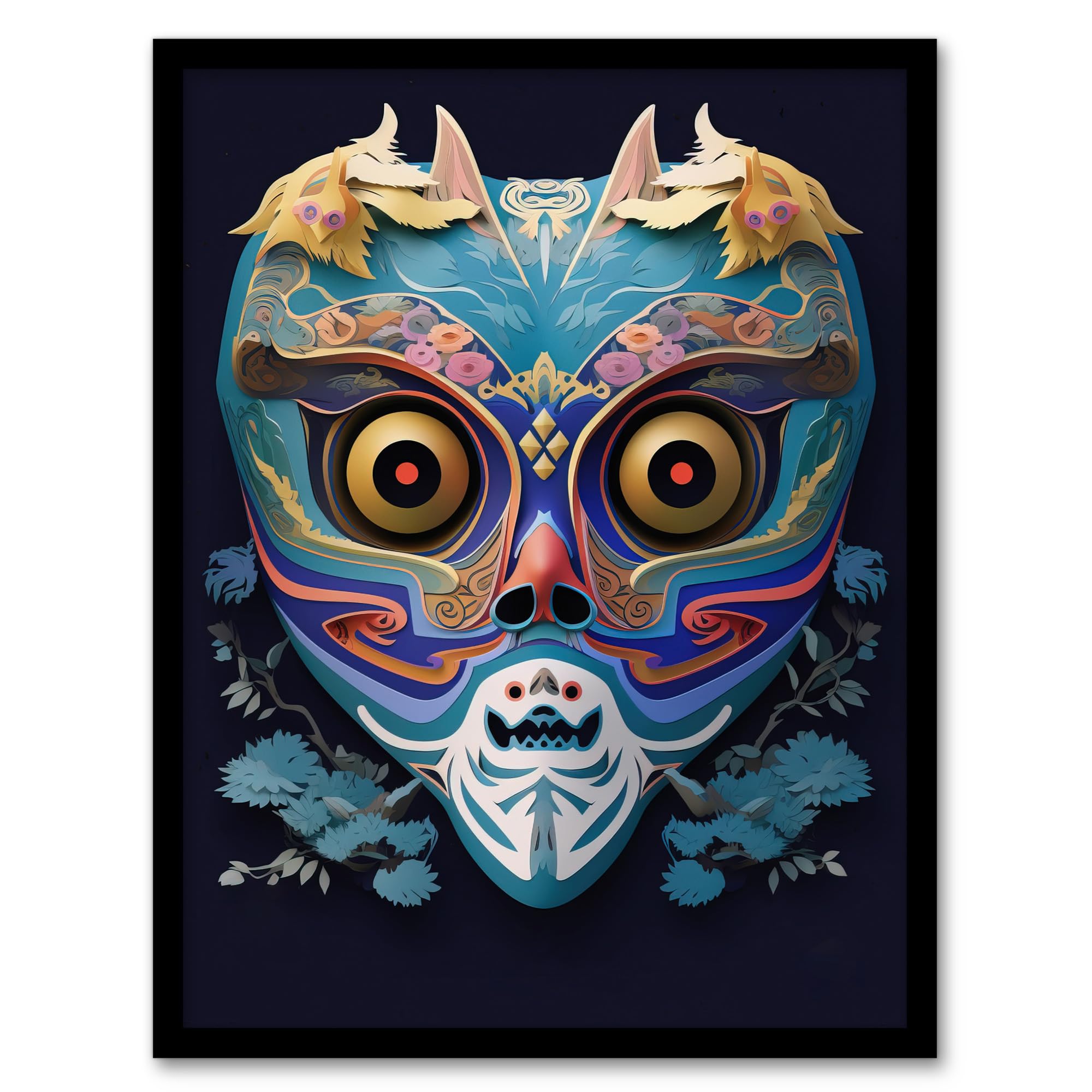Artery8 Noh Theatre Mask Painting Colourful Intricate Details Floral Designs Supernatural Japanese Creature Portrayal Forest Deity Role Artwork Framed Wall Art Print A4