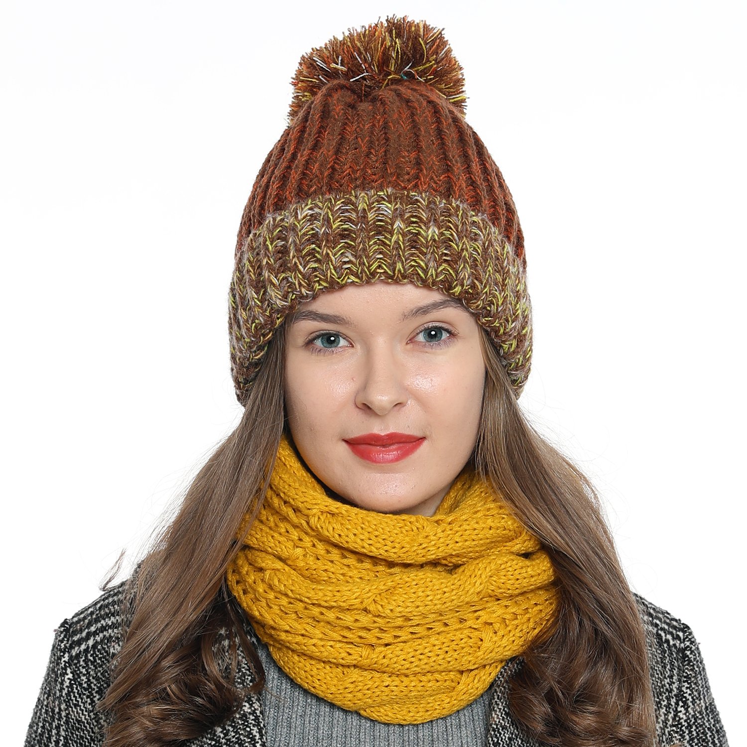 DonDon Women's Winter Beanie and pom-pom with warm and soft lining - Brown Yellow White