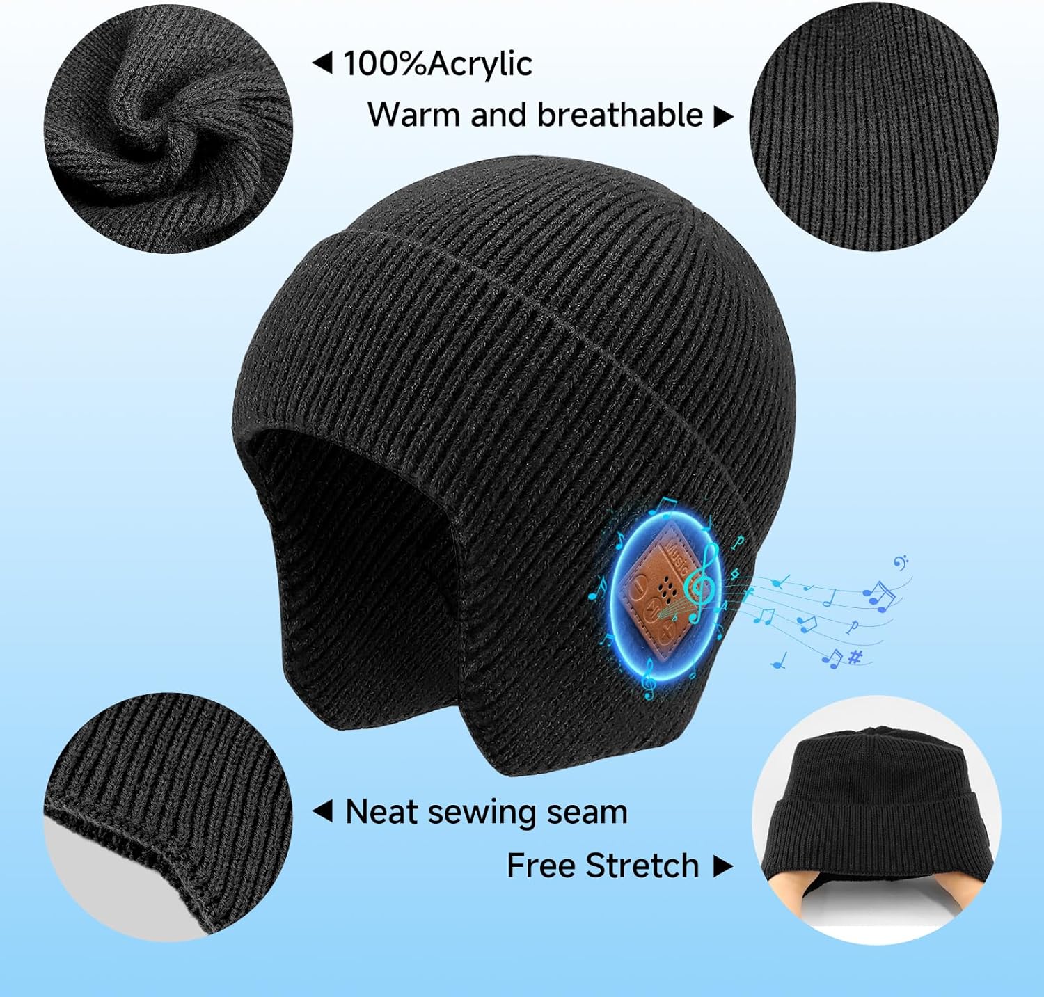 Wireless Beanie Hat with Bluetooth, Rechargeable Headphone Beanie Cap, Windproof Winter Knit Cap, Hands-Free Calling - Image 4