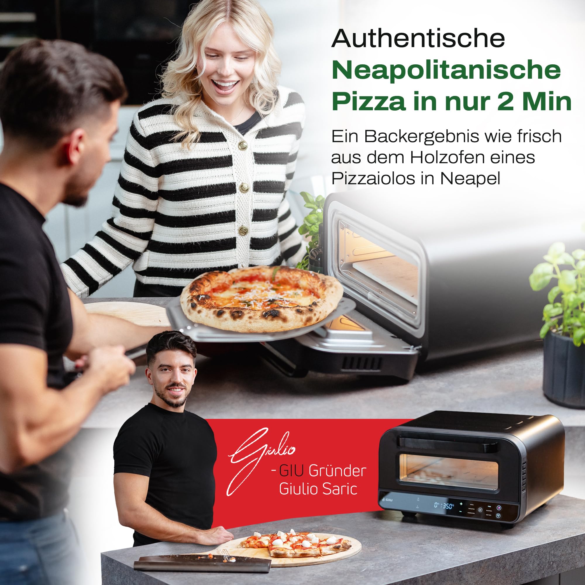 GIU Elektrischer Pizzaofen - Starker Elektro-Ofen für neapolitanische Pizza | Backofen, Pizzaofen, elektrisch, Electric Oven | Über 400 Grad FusionHeat-Tech | Genieße Steinofen-Geschmack Zuhause