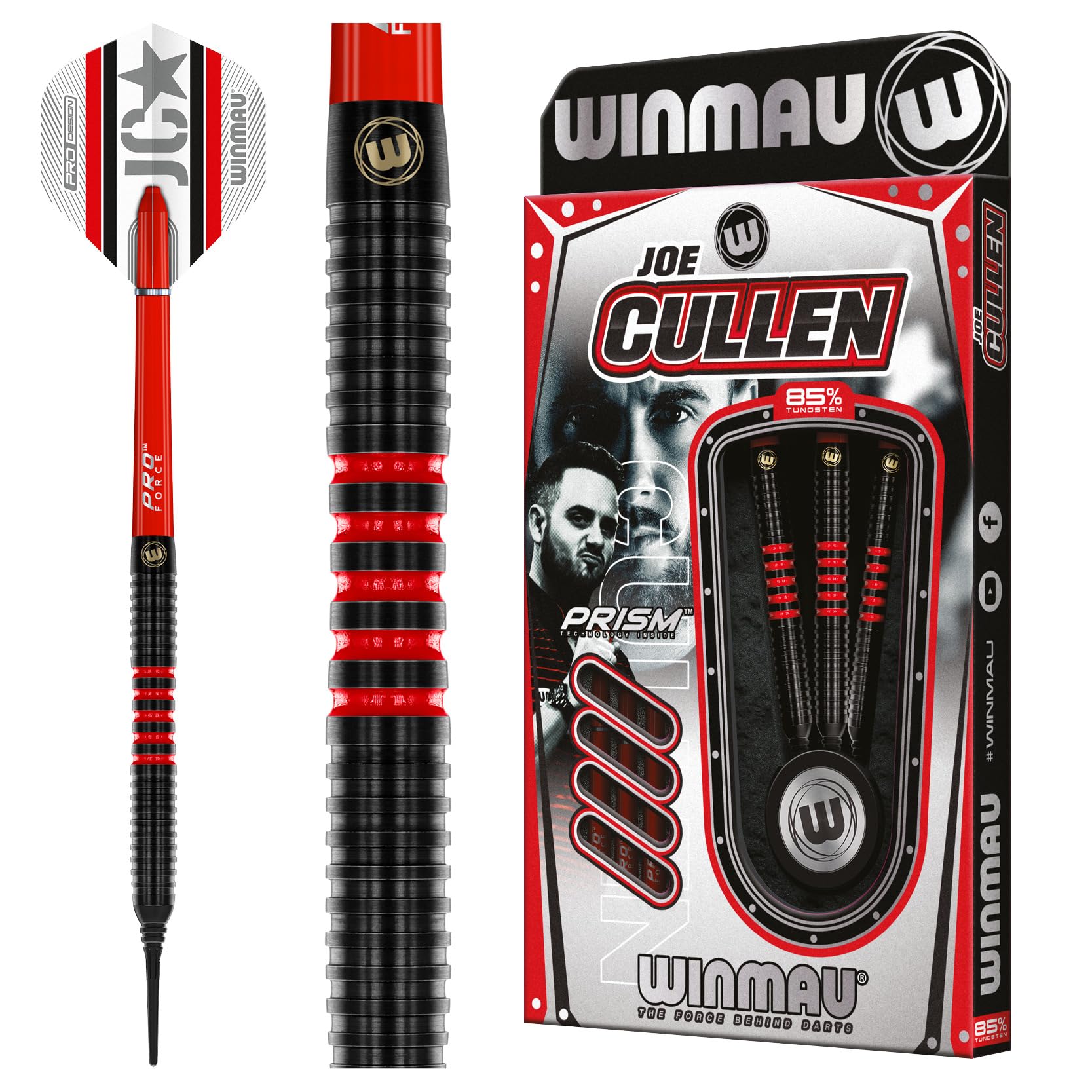 WINMAU Darts - Joe Cullen 85% Pro-Series 18g Barrel / 20g Full Weight Soft Tip Darts Set with Dart Flights and Dart Shafts (Stems)