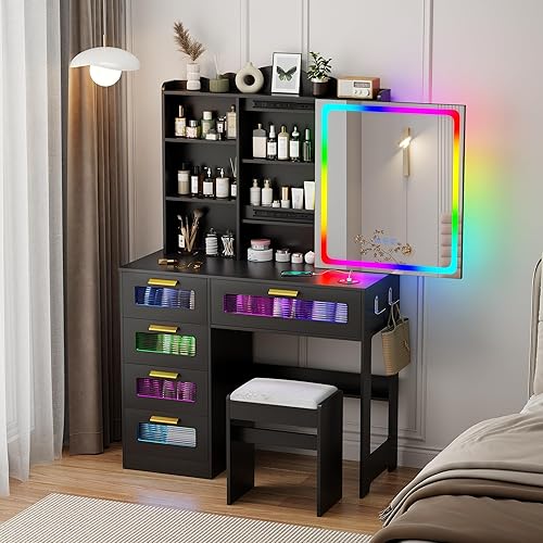 Miniatura 10 de Gurexl Escritorio RGB con espejo deslizante y luces LED, 7 dinámicos y 24 estáticos regulables con parte superior de cristal, tocador con estación