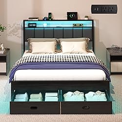 Aelawe Full Bed Frames with Storage Drawer, Platform Bed with Charging Station and LED Lights, Upholstered Headboard with 2-Tier Storage Shelves, No Box Spring Needed