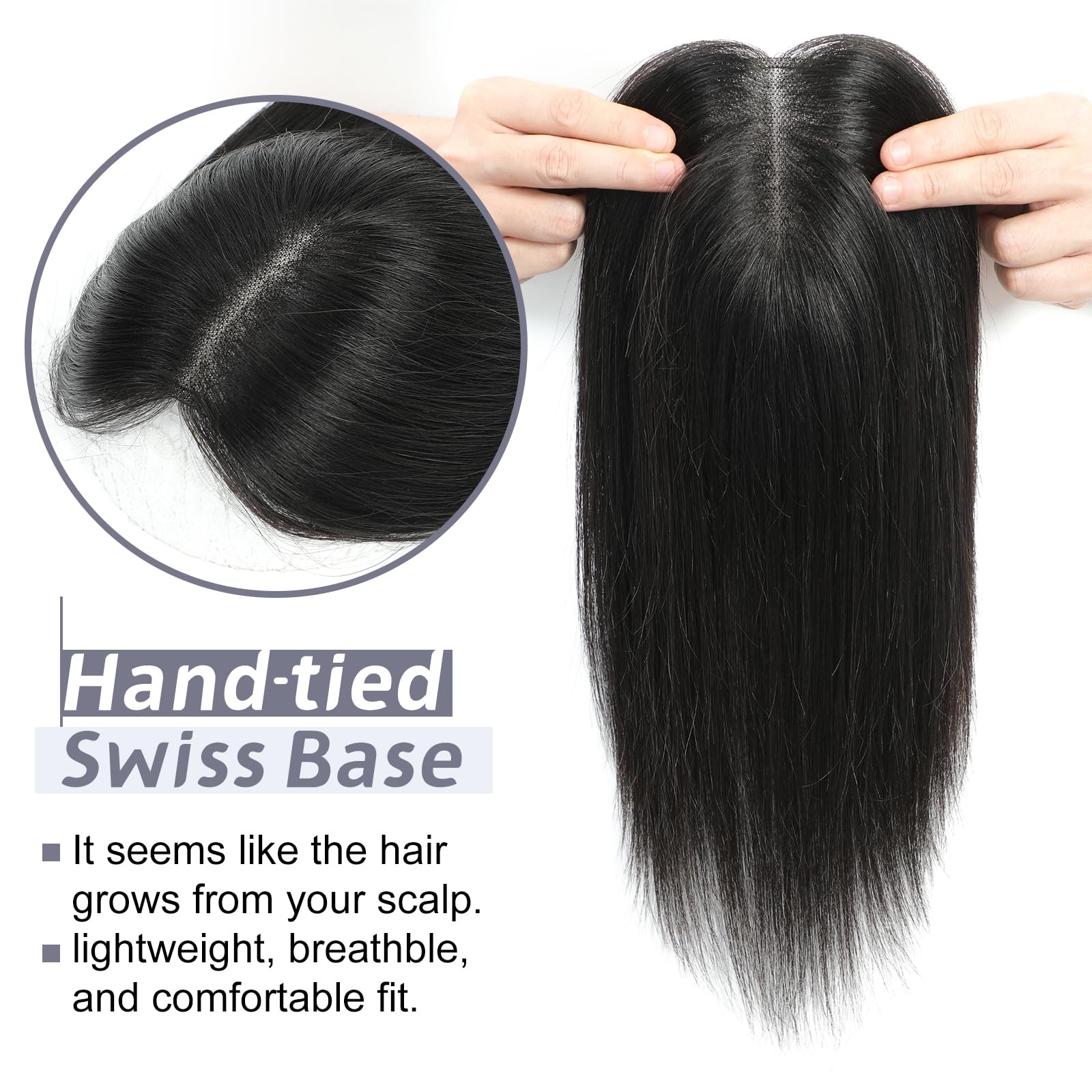 SARO-UPHair Toppers for Women with Thinning Hair - 120% Density Swiss Base Clip-In Natural Black Top Hair - Image 4
