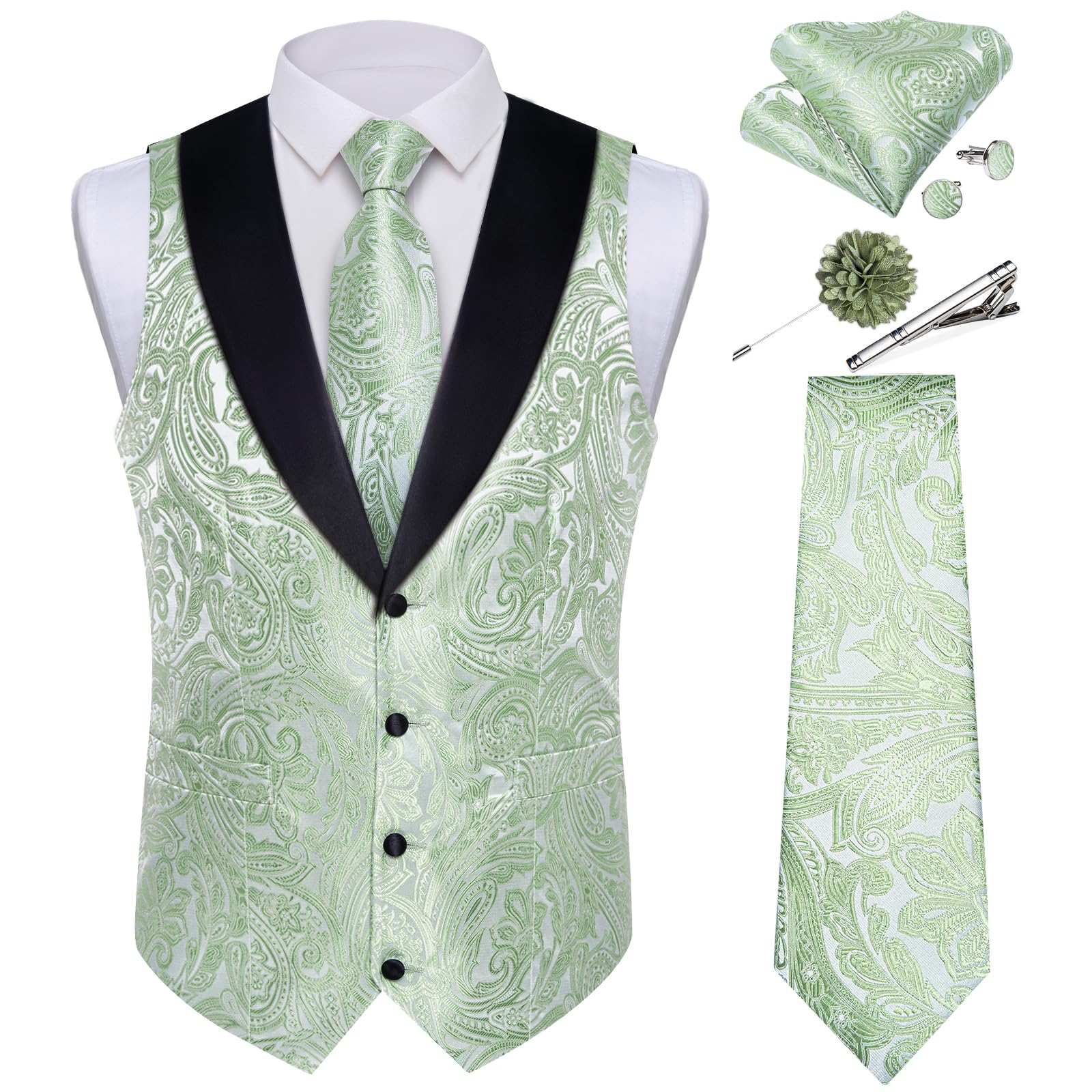 DiBanGu Mens Paisley Suit Vest Silk Jacquard Waistcoat and Necktie Set Formal Shawl Collar Dress Vest 7PCS for Wedding Party