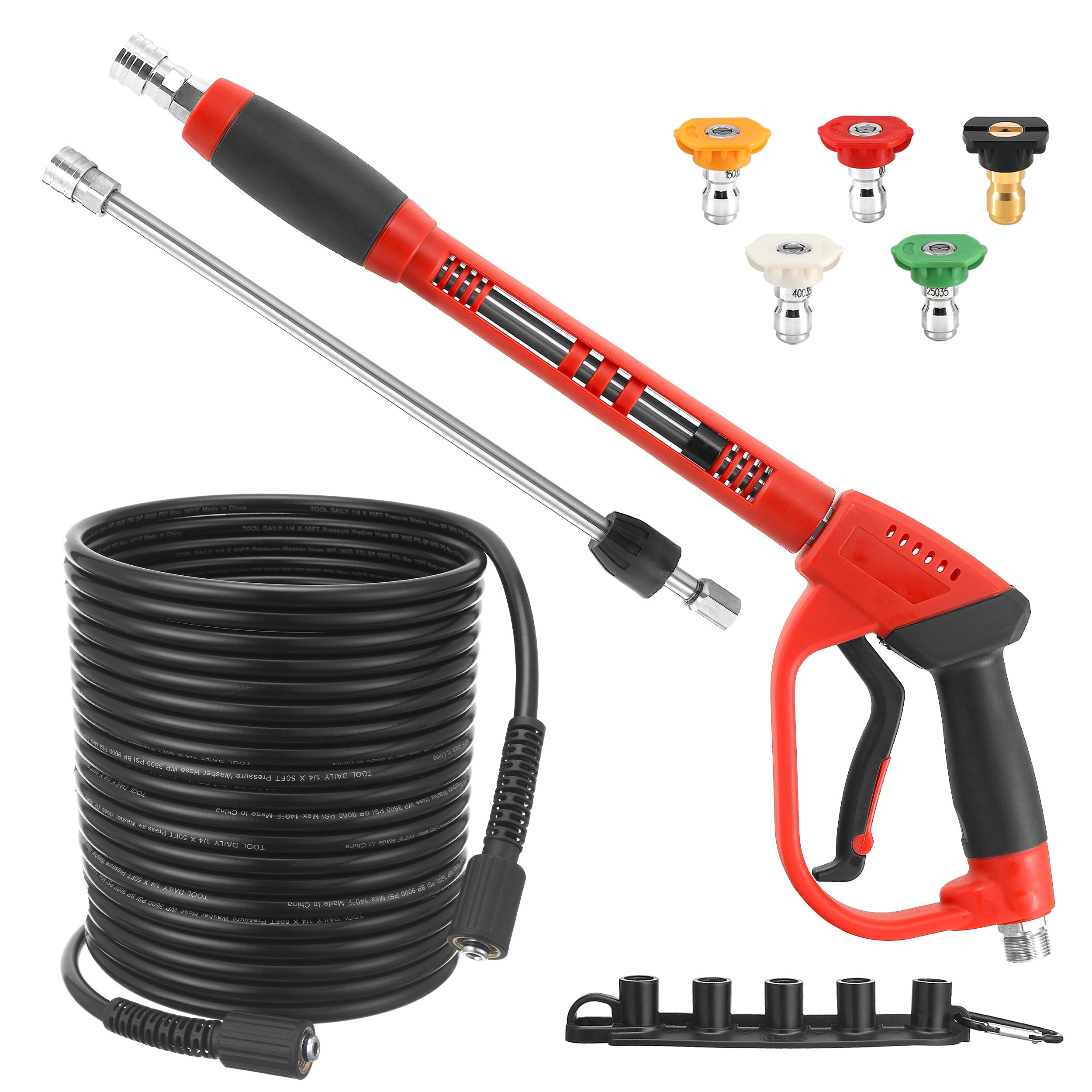 Photo 1 of Tool Daily Pressure Washer Gun and Hose Kit, 50 FT Power Washer Hose and Replacement Wand Extension, 5 Nozzle Tips, M22-14 Fitting, 3600 PSI
