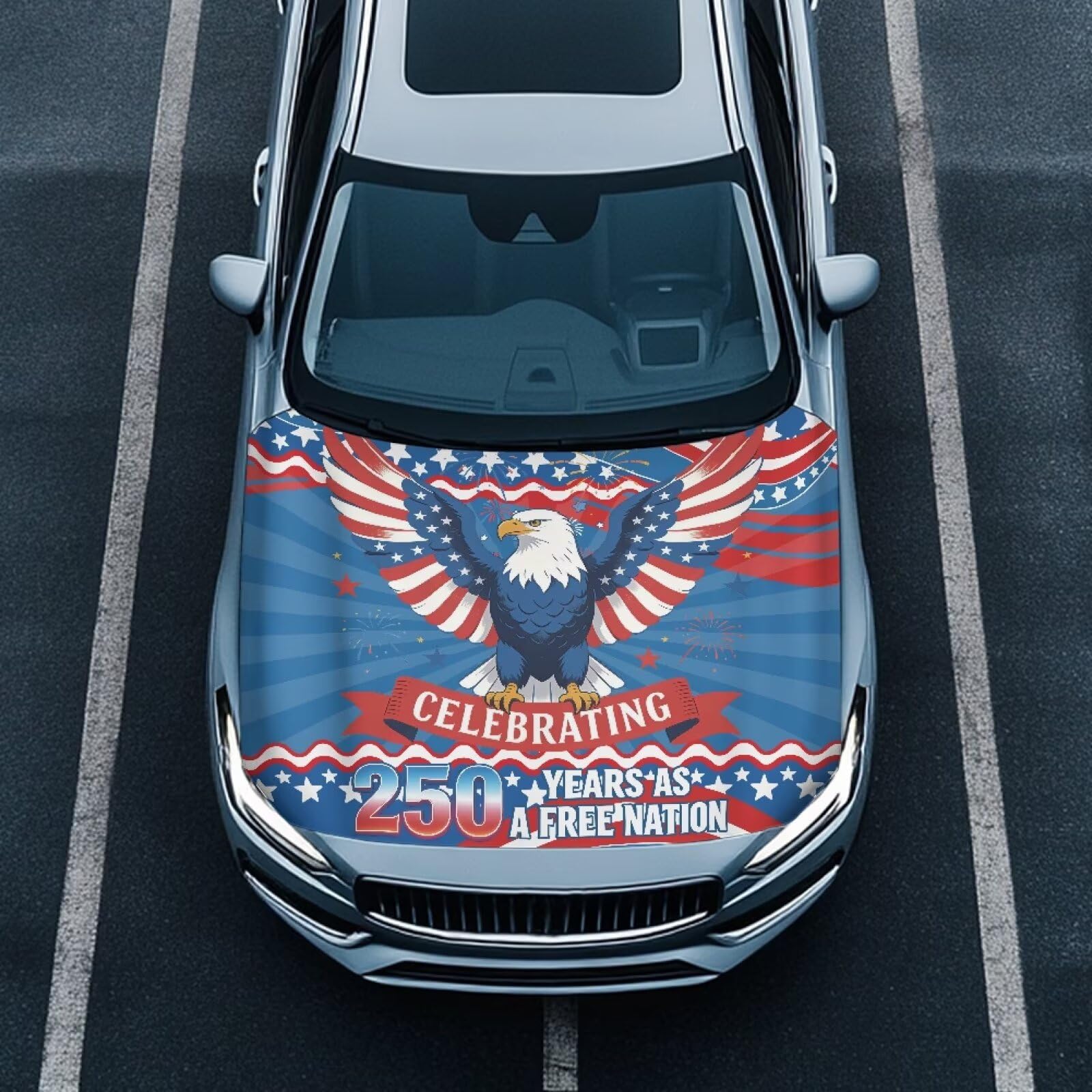 Bald Eagle Car Hood Covers for Automobiles, 250th American Flag Elastic Fabric for Car Hood Decoration and Protection, USA Anniversary Auto Accessories