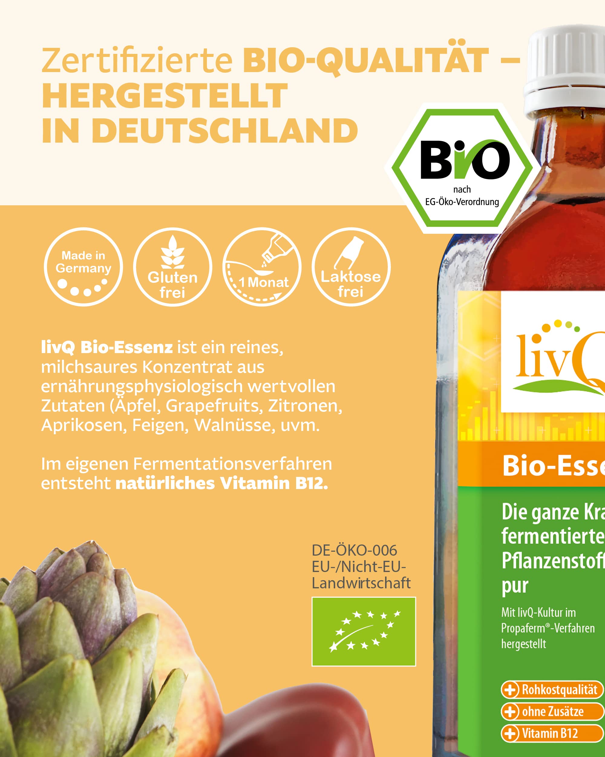 livQ Bio-Essenz pur | Fermentiert | vegan | rohkost | 4 x250ml Konzentrat | Vit. B12 aus der Fermentation mit Milchsäurebakterien • fruchtig-sauer • Früchte + Nüsse + Gemüse • 4 Flaschen für 4 Monate