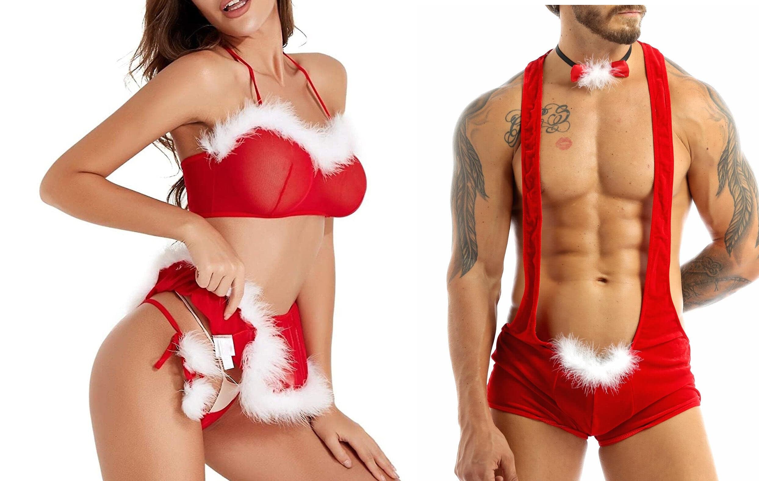 Chrismas Men Women Couple Lingerie Lace Babydoll V Neck Chemise Halter Mesh Nightwear Babydoll Lingerie for Couple Women Girl Men Lingerie with Panty, Cap Red