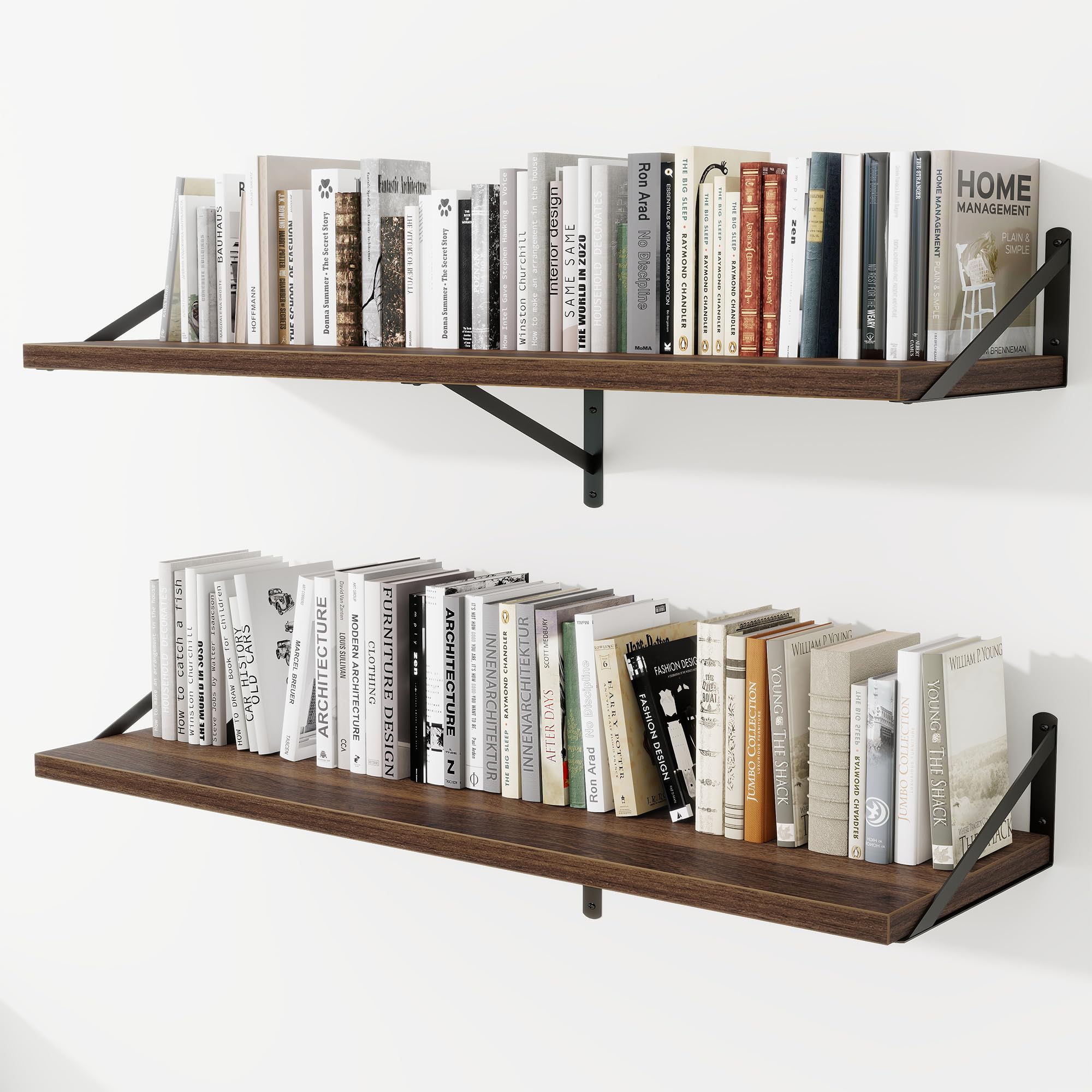Deep Wall Shelves 48"W x 12"D Engineered Wood Floating Shelves for Wall, Sturdy Metal Bracket Bookshelves Home Decor Storage for Living Room Bedroom Bathroom Kitchen, Set of 2, Walnut Finish