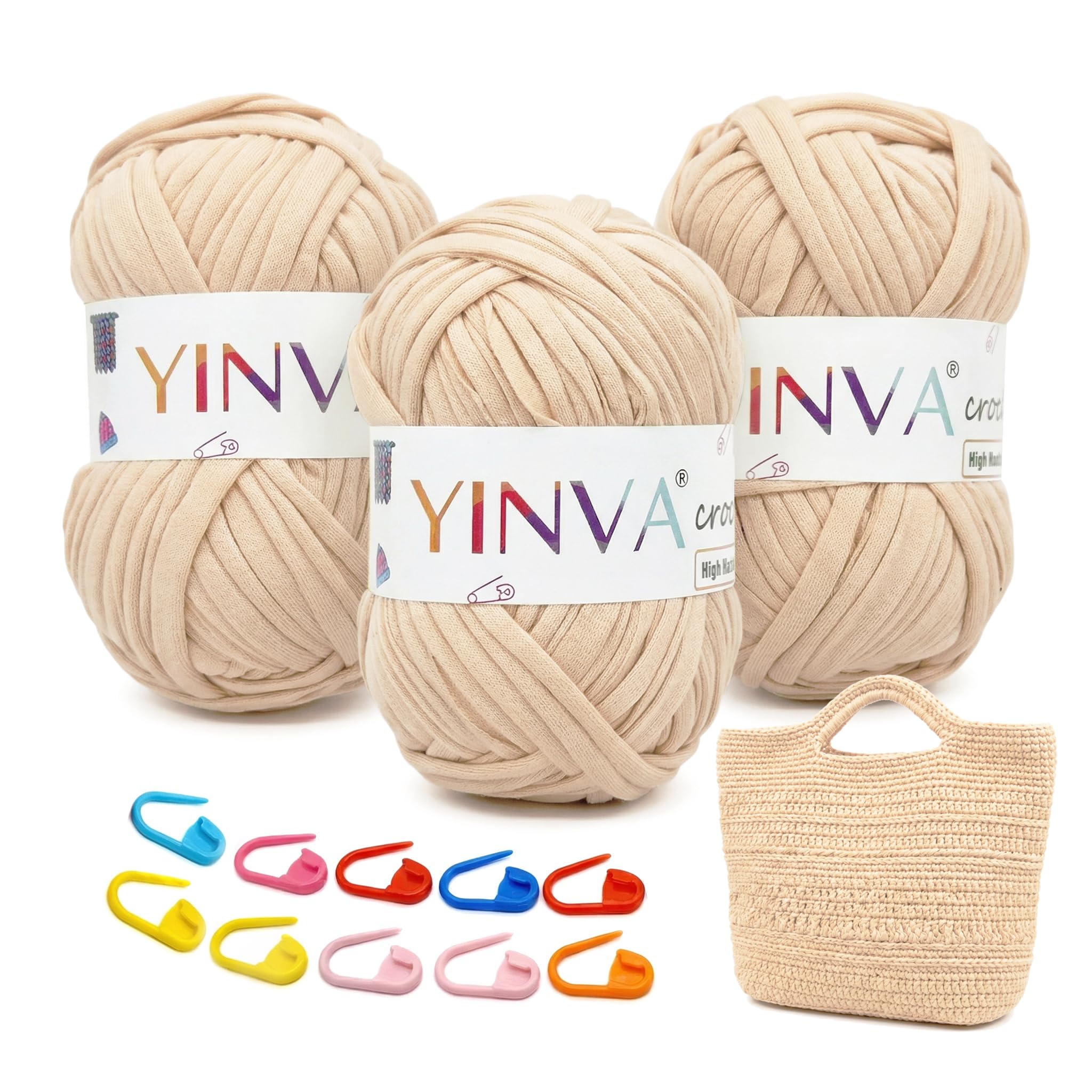 YINVA T Shirt Yarn 300g, Tshirt Yarn for Crocheting in Multiple Color, Perfect Relaxing, Rewarding Thick Yarn for Beginners, Soft, Stretchy, Elastic Knitting Yarn with Stitch Markers for Bags, Baskets