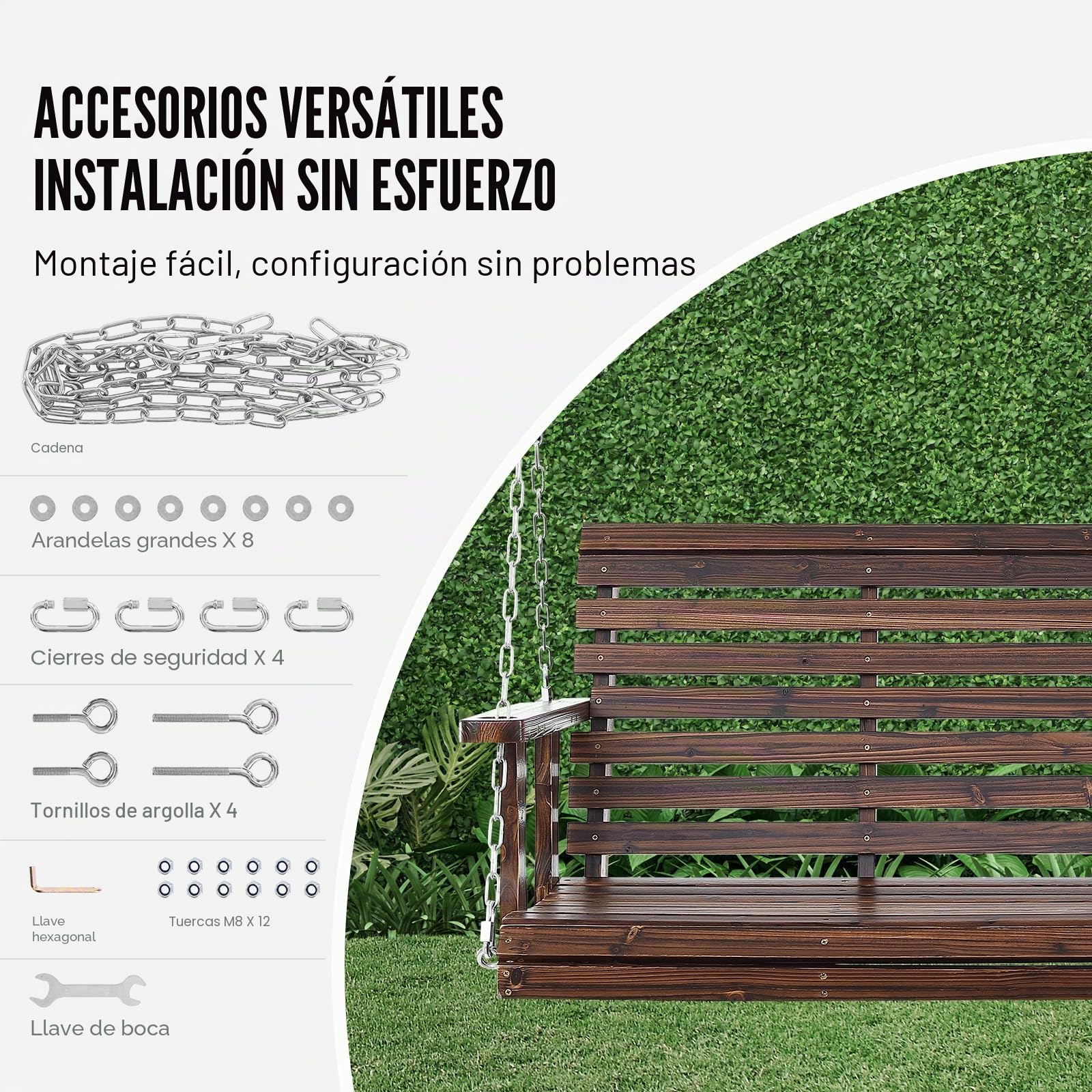 VEVOR Columpio de Madera para Porche de 4,5'', Columpio de Banco para Patio y Jardín, Capacidad de Carga Fuerte Mejorada de 880 Libras, Banco de Silla con Cadenas Colgantes, Marrón Carbonizado