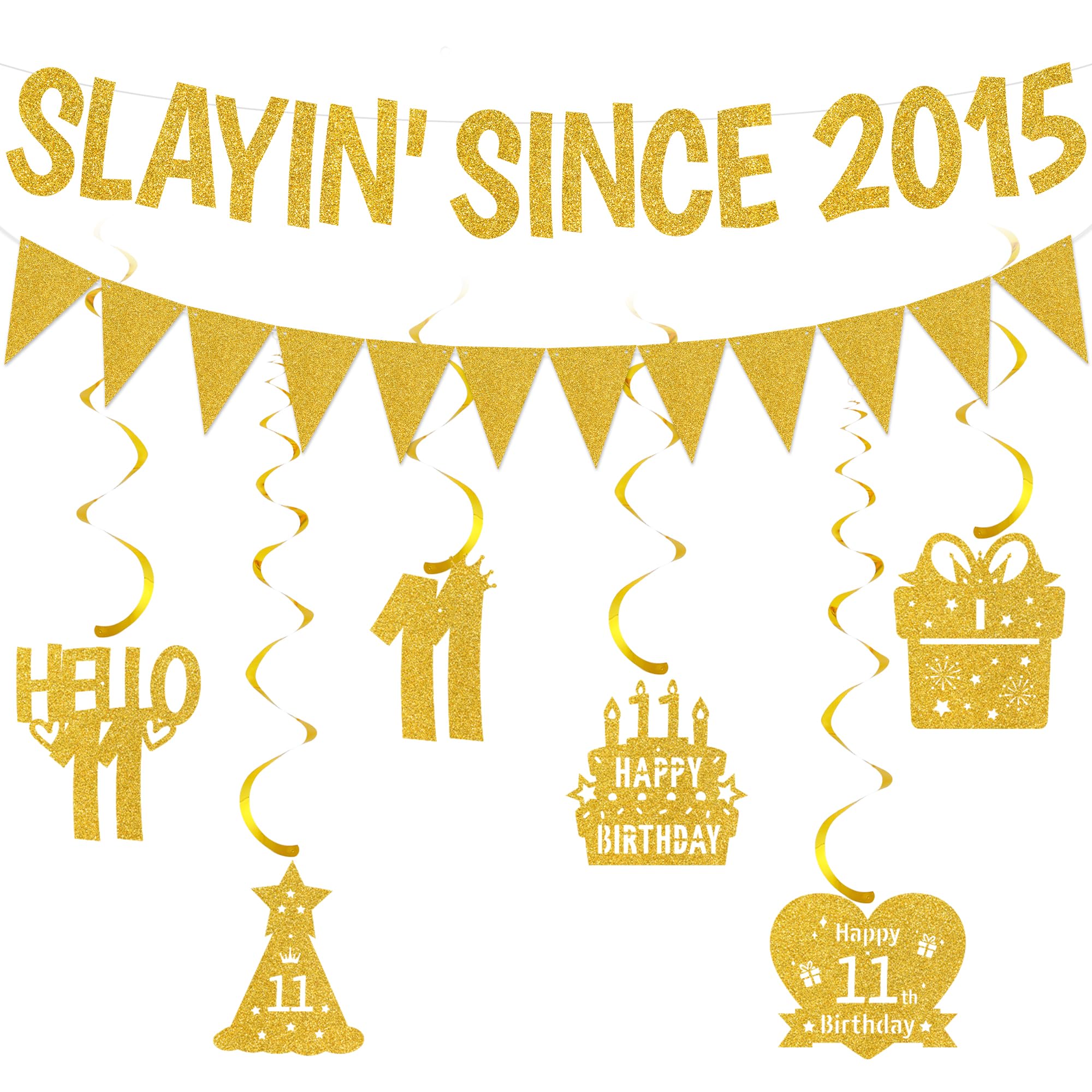 Slayin’ Since 2015 Banner Decorations - Glitter 11th Birthday Hanging Swirls Decorations and Pennant Garland, Gold Funny Birthday Party Supplies for Boys and Girls