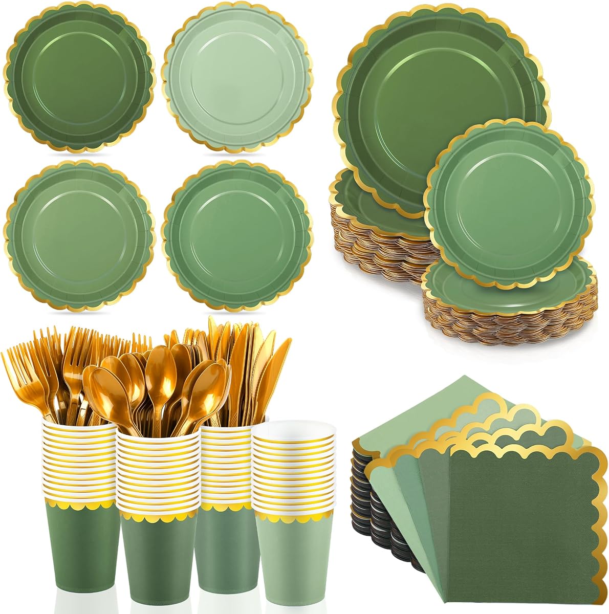 Kochorie 140PCS Sage Green Disposable Dinnerware Set Serves 20 Guests | Includes Scalloped Plates Napkins Cup & Cutlery Tableware for Birthday, Wedding, Baby Shower & Picnic Party Supplies