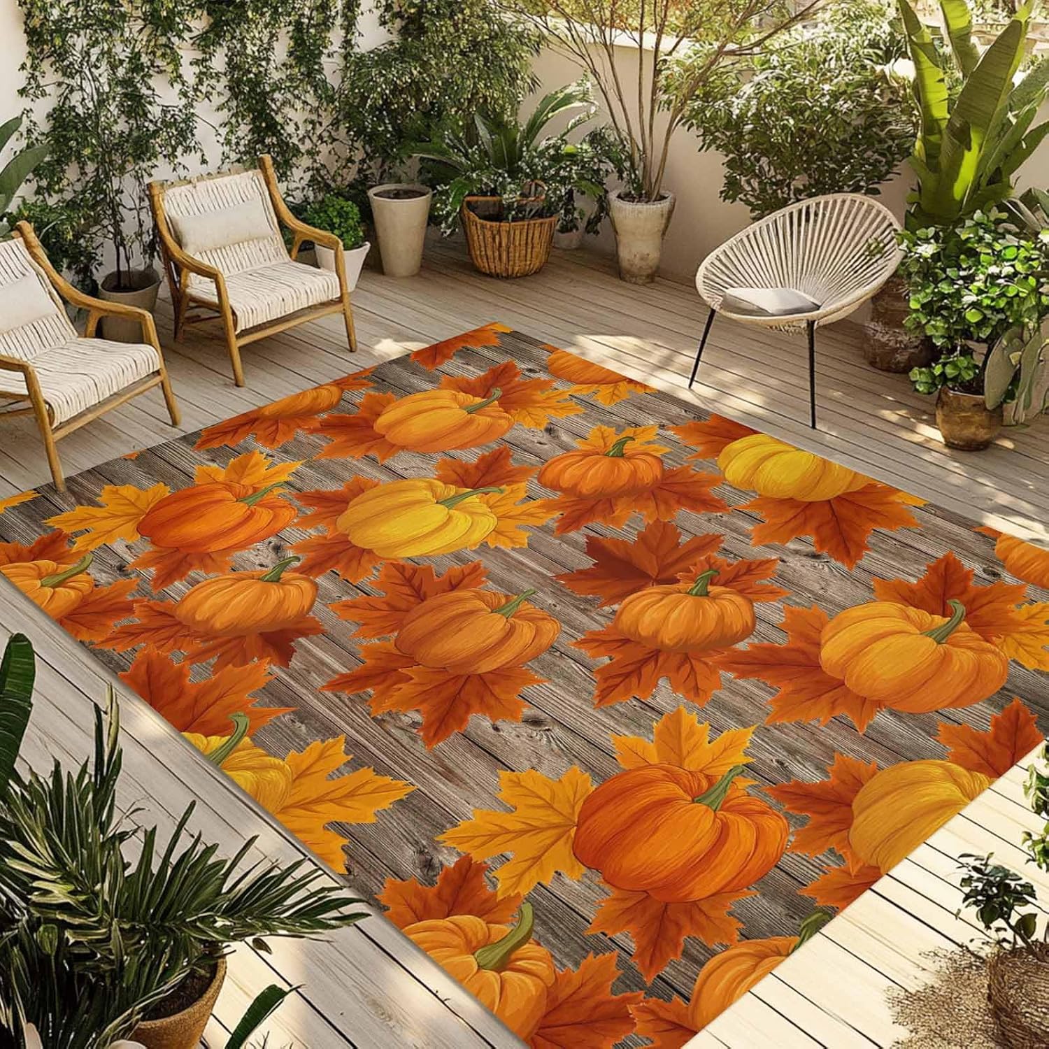 Fall Outdoor Rug 4x6 ft Orange Pumpkin Outdoor Large Area Rug Non Slip Harvest Autumn Maple Leaf Wood Thanksgiving Front Door Mat RV Rug Carpet Patio Outdoor Rugs for Backyard Balcony Porch
