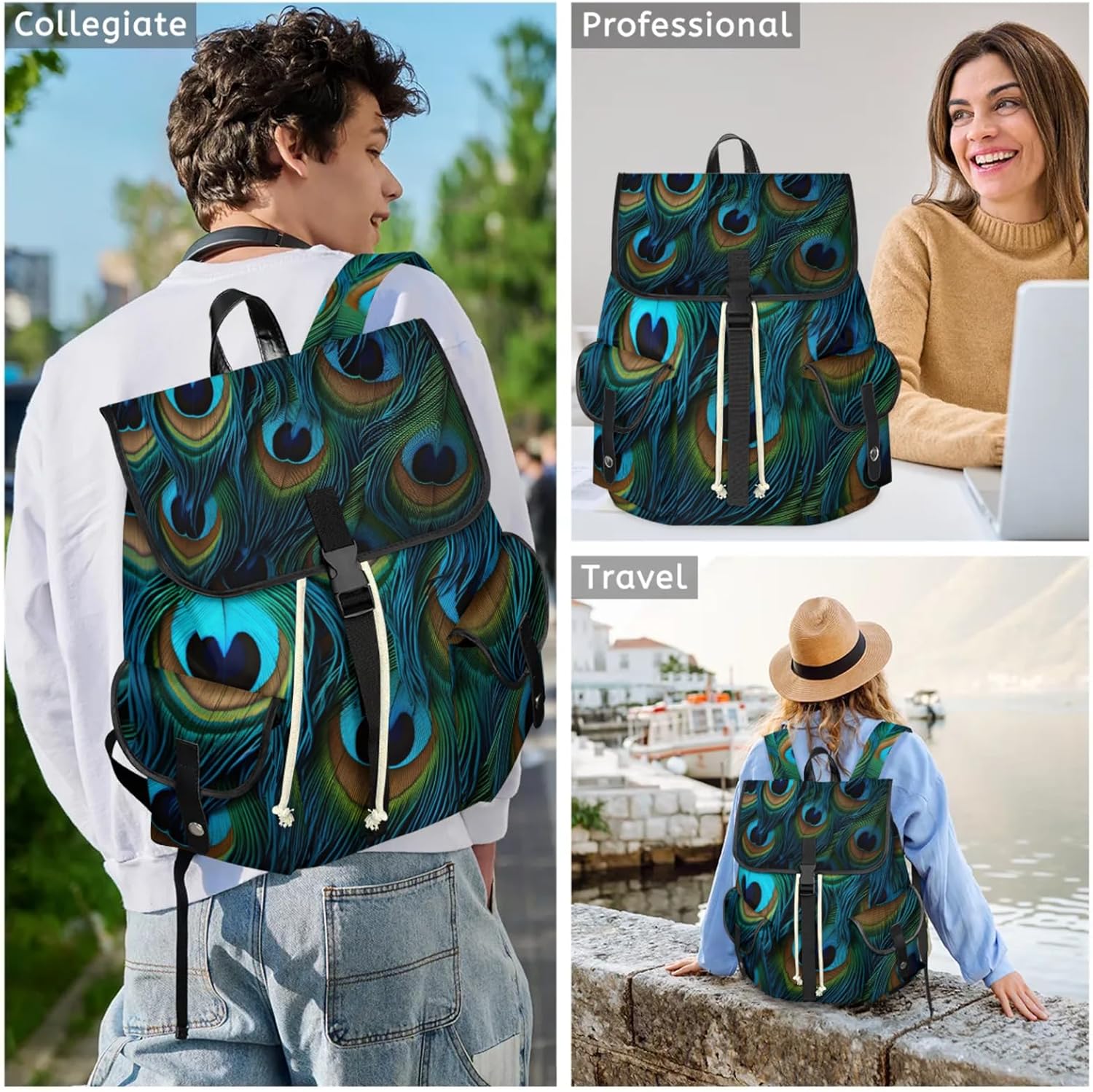 Laptop Backpacks Attractive Peacock Feathers Travel Backpack for Women Work Backpack Computer Bag for Business Travel Fits 15 Inch Laptop