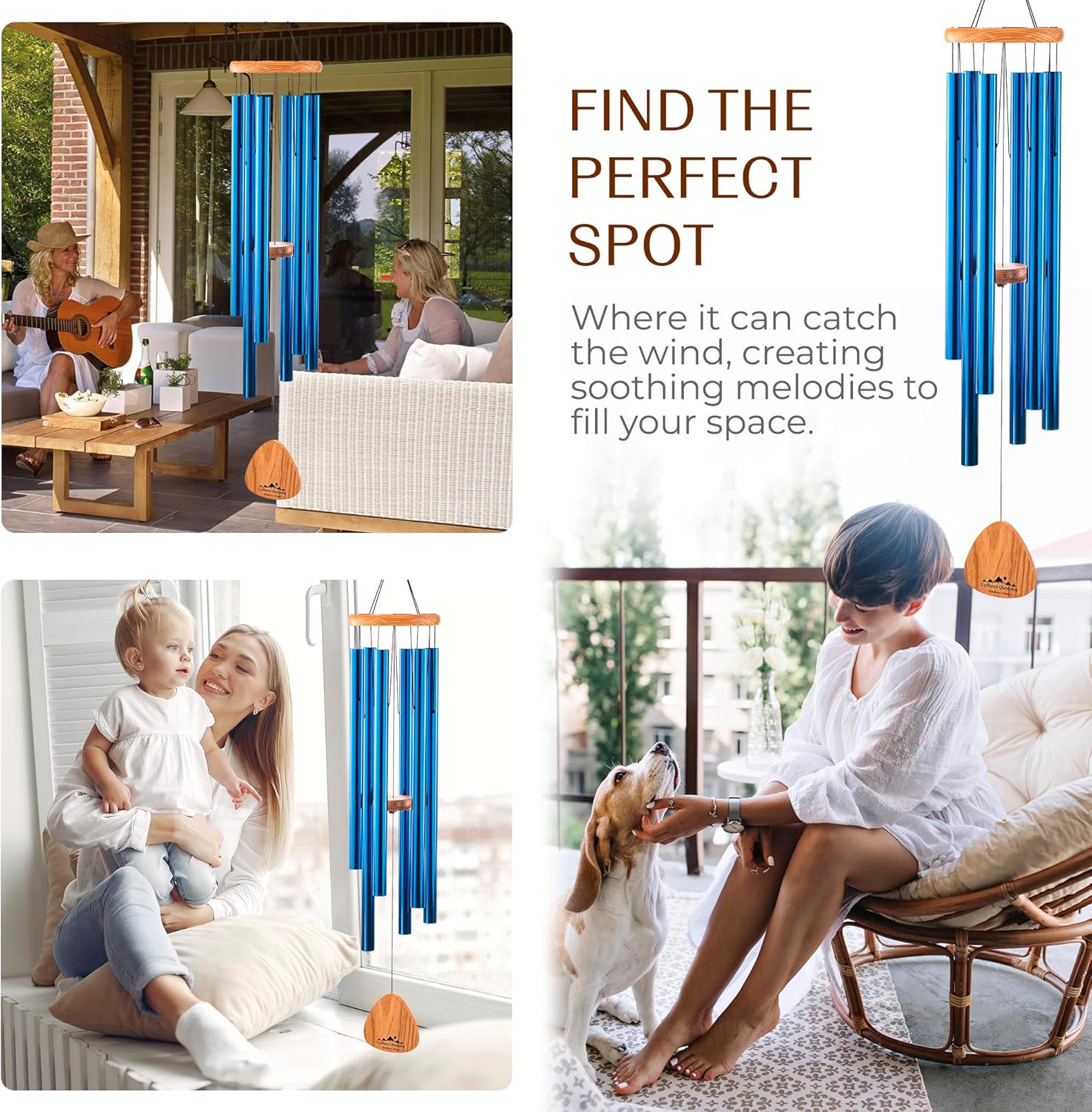 UpBlend XL Wind Chimes for Outside Gift – Deep Tone Wind Chime with Decorative Stone – Garden and Patio Décor for Porch or Yard, Elegant Outdoor Ornament, Meaningful Gift for Neighbors. 41” Blue.