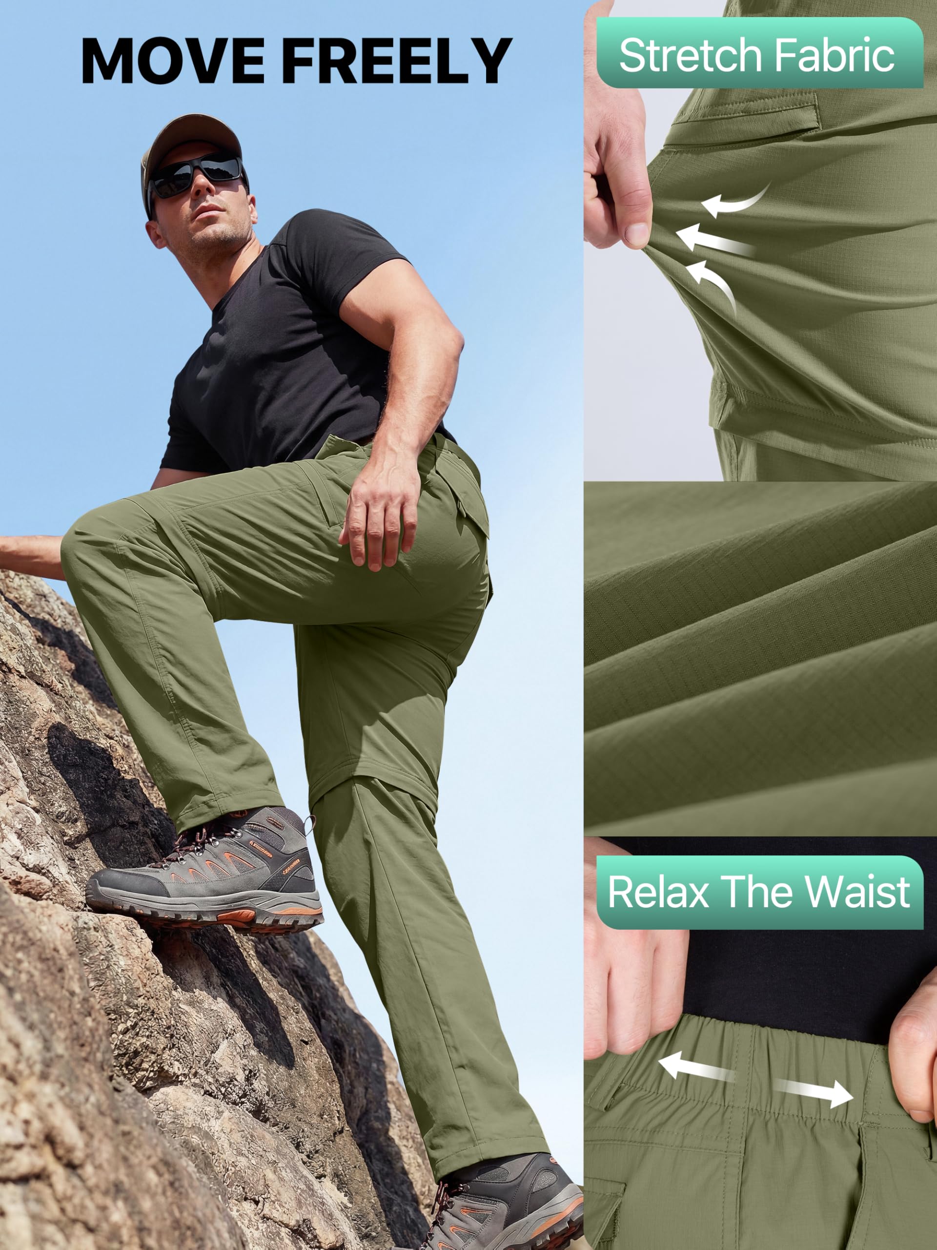 FREE SOLDIER Pantalon de randonnée convertible pour homme avec ceinture - Léger - Séchage rapide - Nylon et élasthanne - Vert militaire - 30 W/30 L
