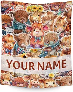 Personalized Highland Cow Blanket Gifts with Name - 50x60 Inches Cute Throw Blanket for Girls & Boys - Brown Soft Fuzzy Blankets for Bed, Couch & Living Room