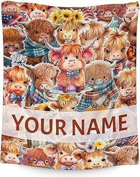 Personalized Highland Cow Blanket Gifts with Name - 50x60 Inches Cute Throw Blanket for Girls & Boys - Brown Soft Fuzzy Blankets for Bed, Couch & Living Room