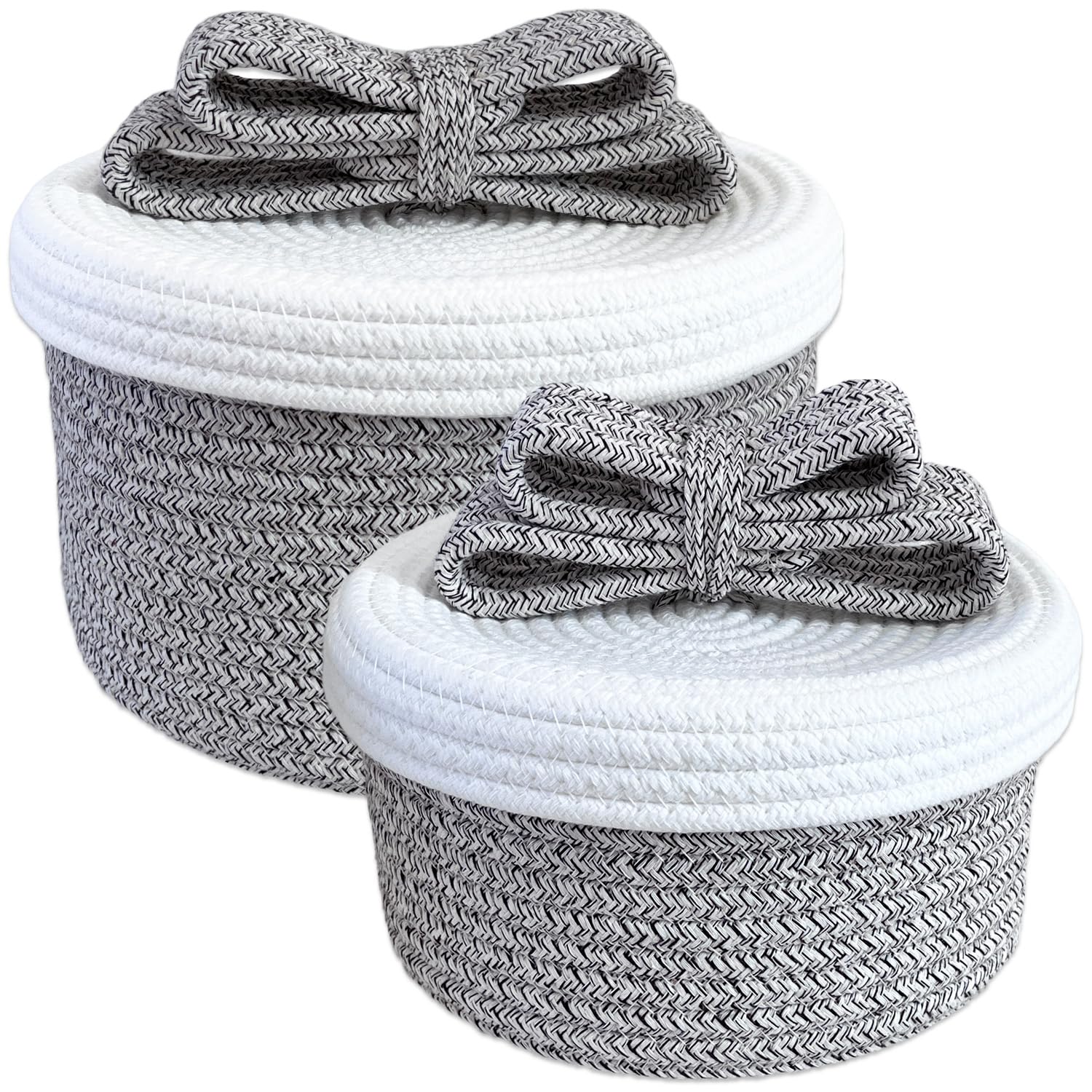 Decorative Storage Boxes with Lids, Small Woven Rope Basket with Lid, Small Decorative Basket for Home Decor, Dog Toy Baskets with Cute Bow Handle (grayish-brown)