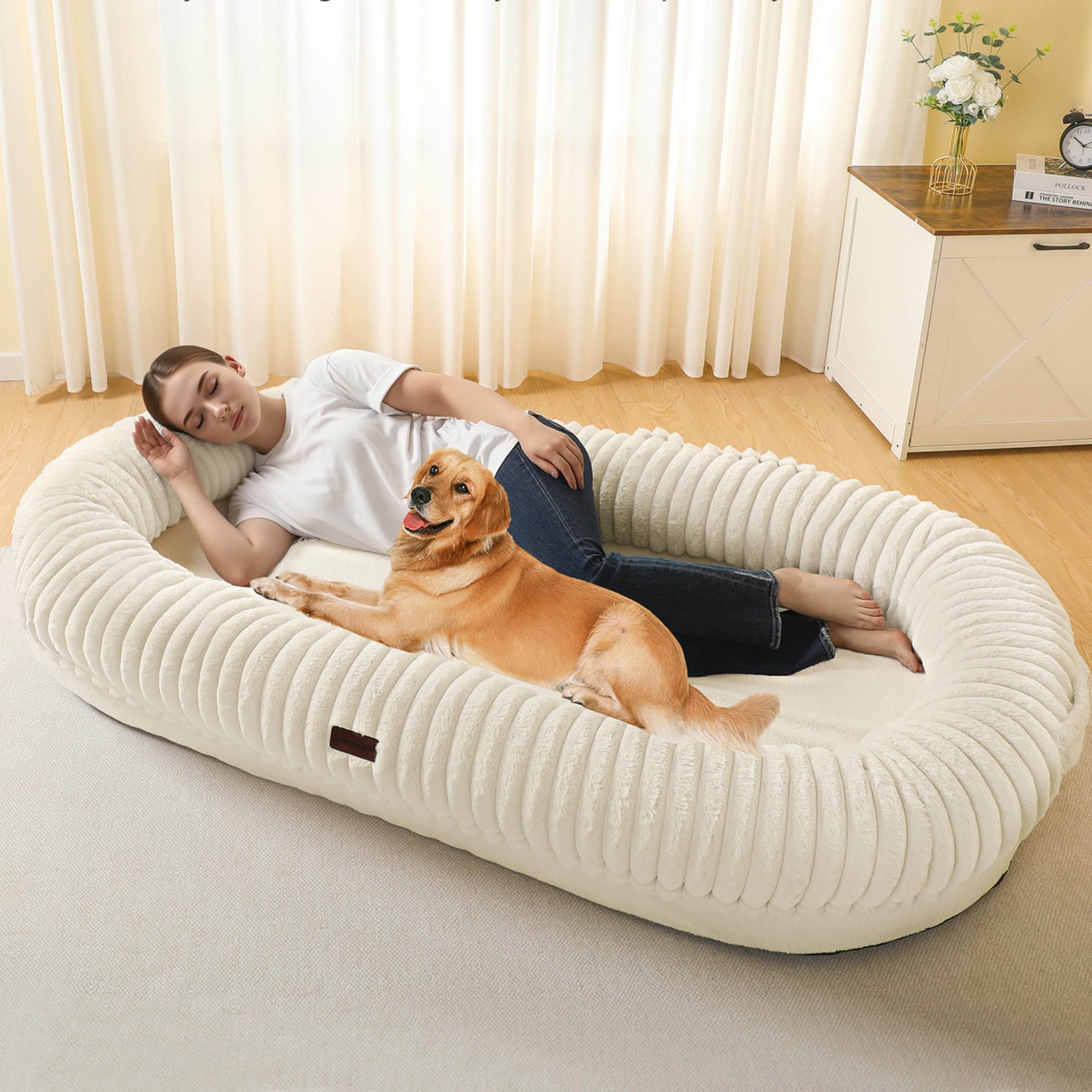 DANFOOZIO Human Dog Bed for Adult, Reversible 2 Layer Gel Infused Orthpedic Memory Foam, Washable Faux Fur, Plump Edge with Blanket, Storage Pocket,