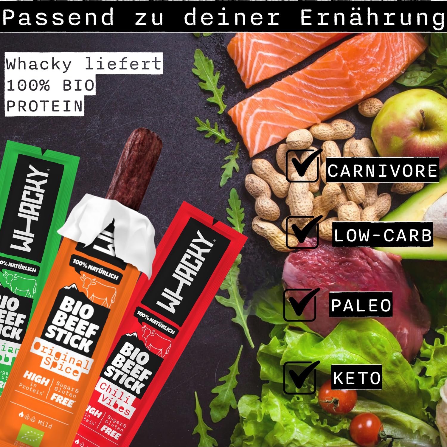 Whacky Bio Beef Sticks – Mix-Packung (9x 32g) Protein Snack aus Rindfleisch – Salami Sticks ohne Zucker – Low Carb, für Fitness, Keto, Outdoor & Unterwegs – Köstlicher Geschmack in 3 Sorten