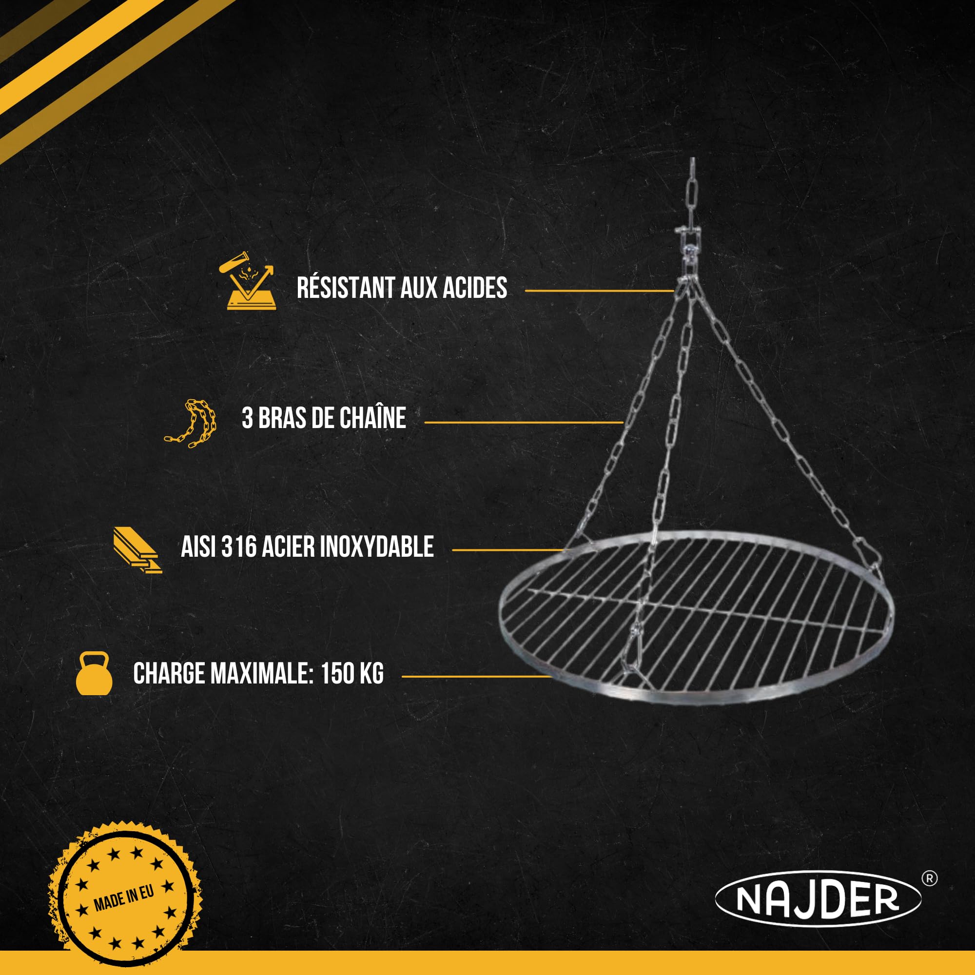 NAJDER Set de Grille Ronde en Acier Inoxydable Ø600 mm avec Chaîne de Suspension Ø3 mm, Grille Ronde pour Barbecue Pivotant avec Jeu de Chaînes, Émerillon et Mousqueton, pour Barbecue Suspendu