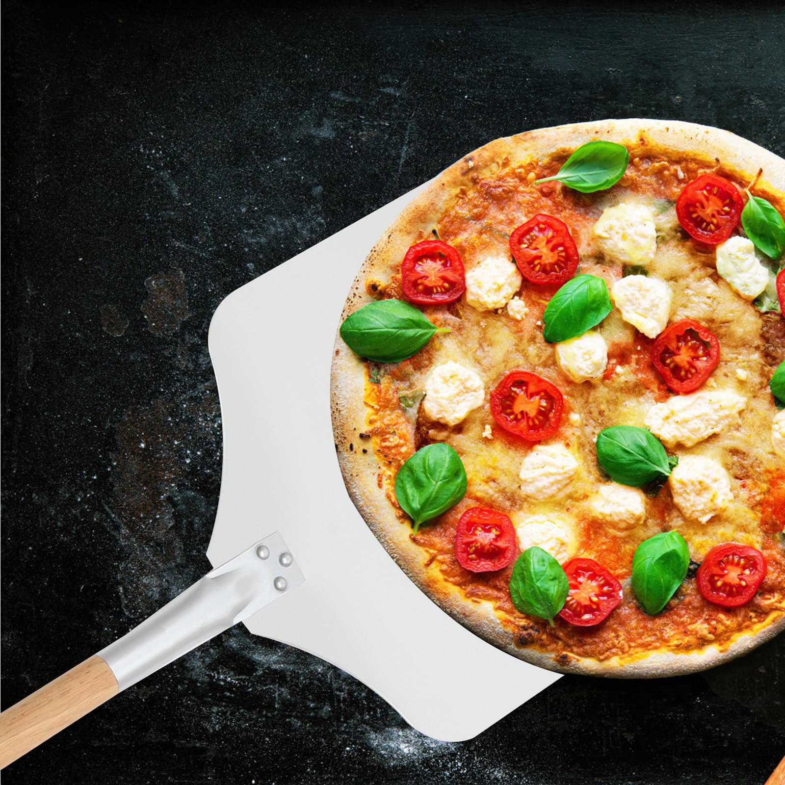 2 Stück Praktische Pizza schaufel mit Abnehmbarem Griff, Aluminium korpus und Glattem Holzgriff, Platzsparend, Hitzeschutz für Sicheres Backen, Vielseitiges Küchenzubehör