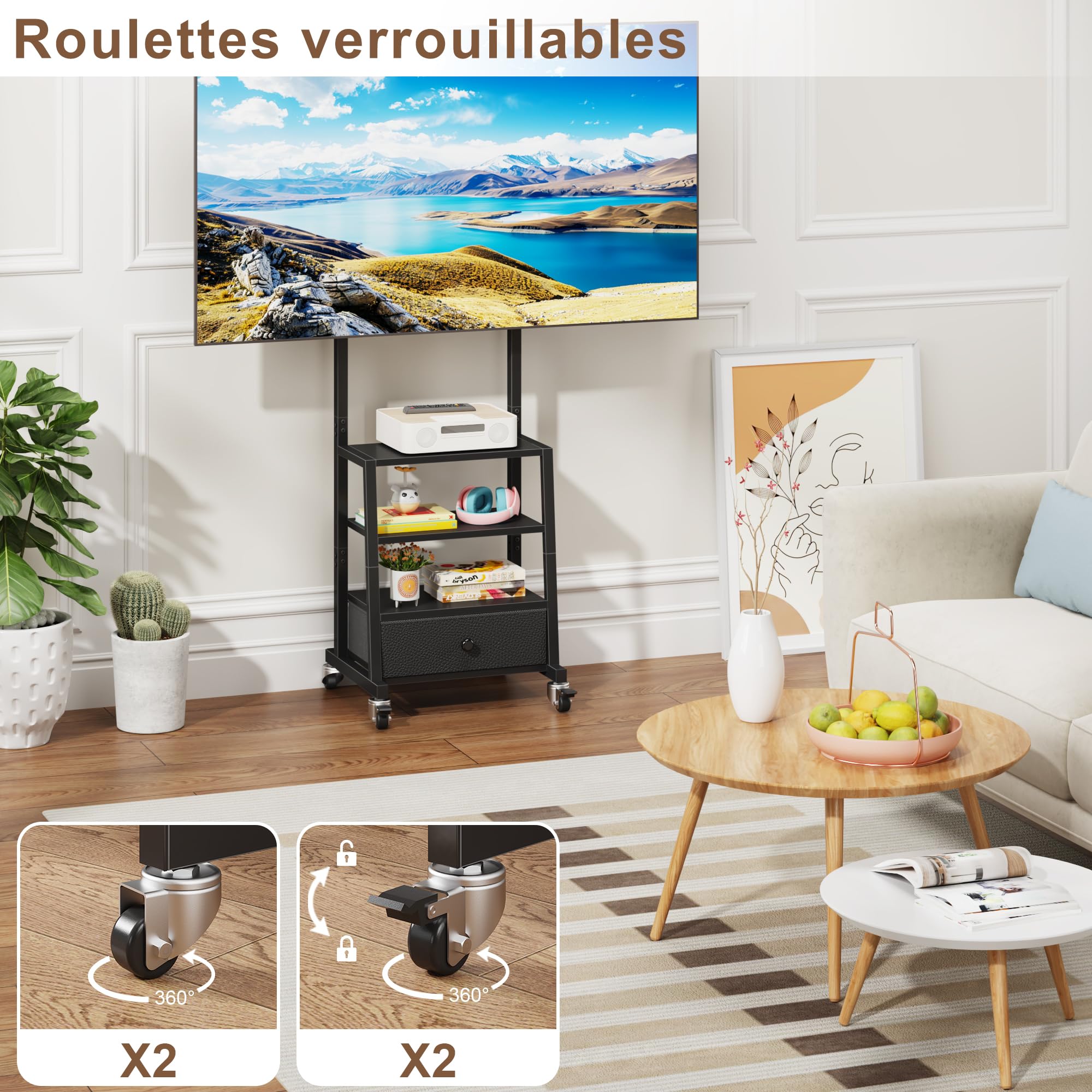 Support TV sur Pieds Support TV roulettes 32-60" VESA 400x400, Noir | Tiroir Tissu, Rangement Étagère, Hauteur Réglable, Charge 40kg, Facile à Assembler, Salon/Chambre/Bureau