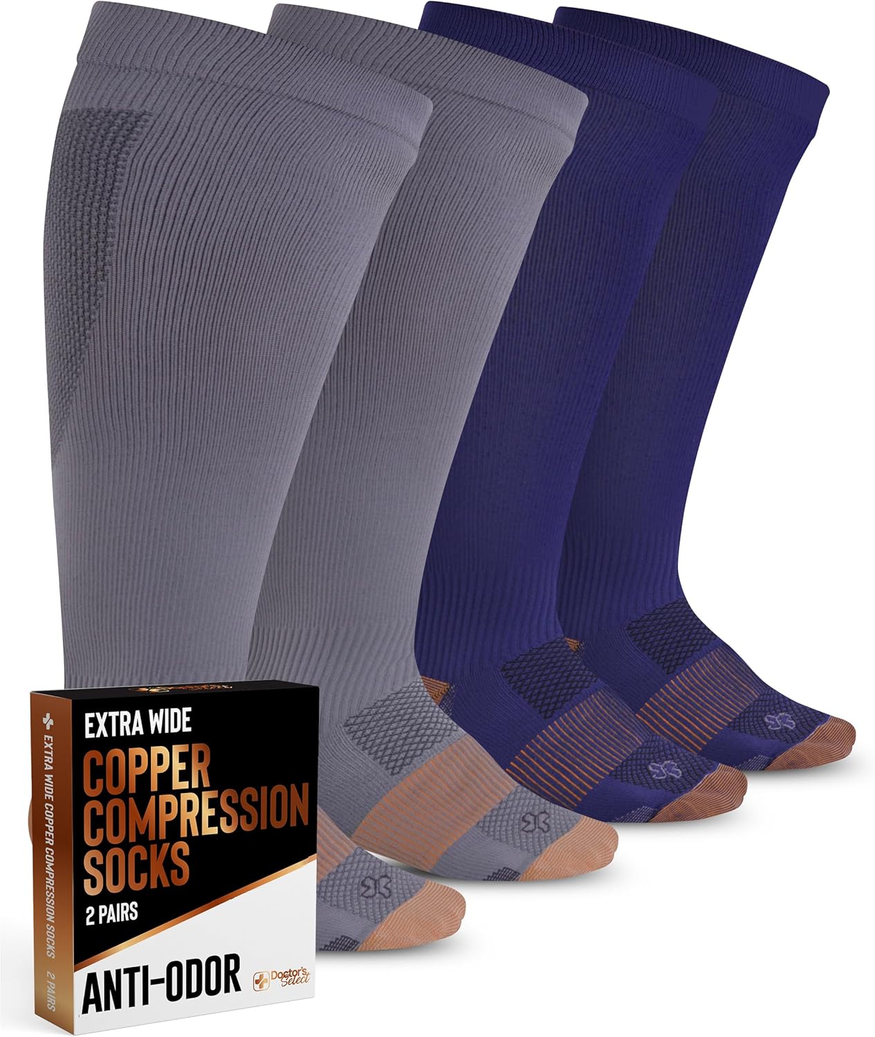 Doctor's Select Copper Plus Size Compression Socks Wide Calf - 2 Pairs | 20-30mmHg Extra Wide Calf Compression Socks Women Plus Size for Traveling & Running | Gray & Navy
