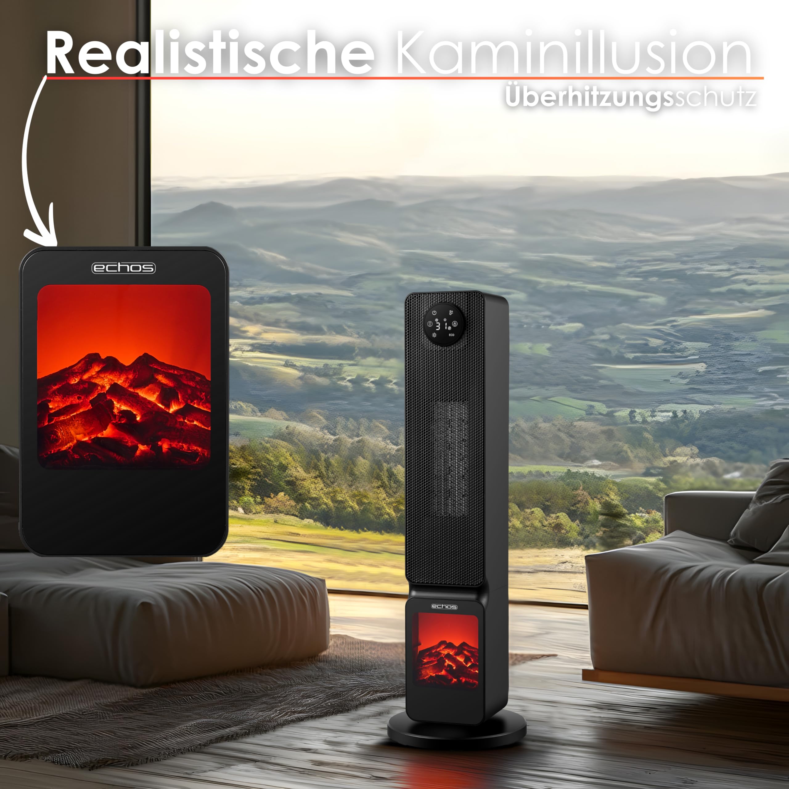Calefactor con ilusión de chimenea, ahorro de energía, oscilante, protección contra sobrecalentamiento, 2000 W, 2 niveles, controlable mediante smartphone con aplicación Tuya, calefactor silencioso
