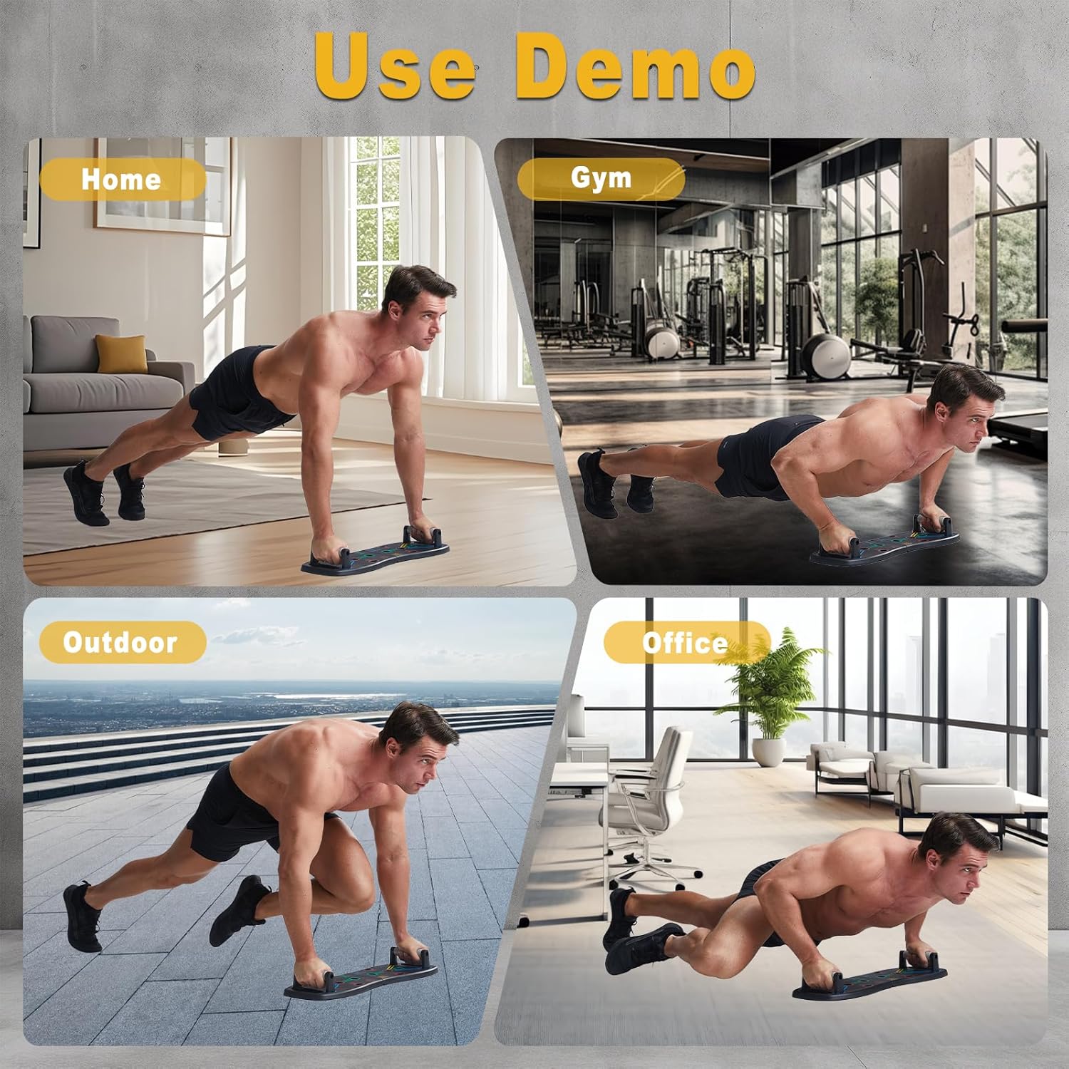 Collage showing a person using the push-up board in different environments: home, gym, outdoor, and office