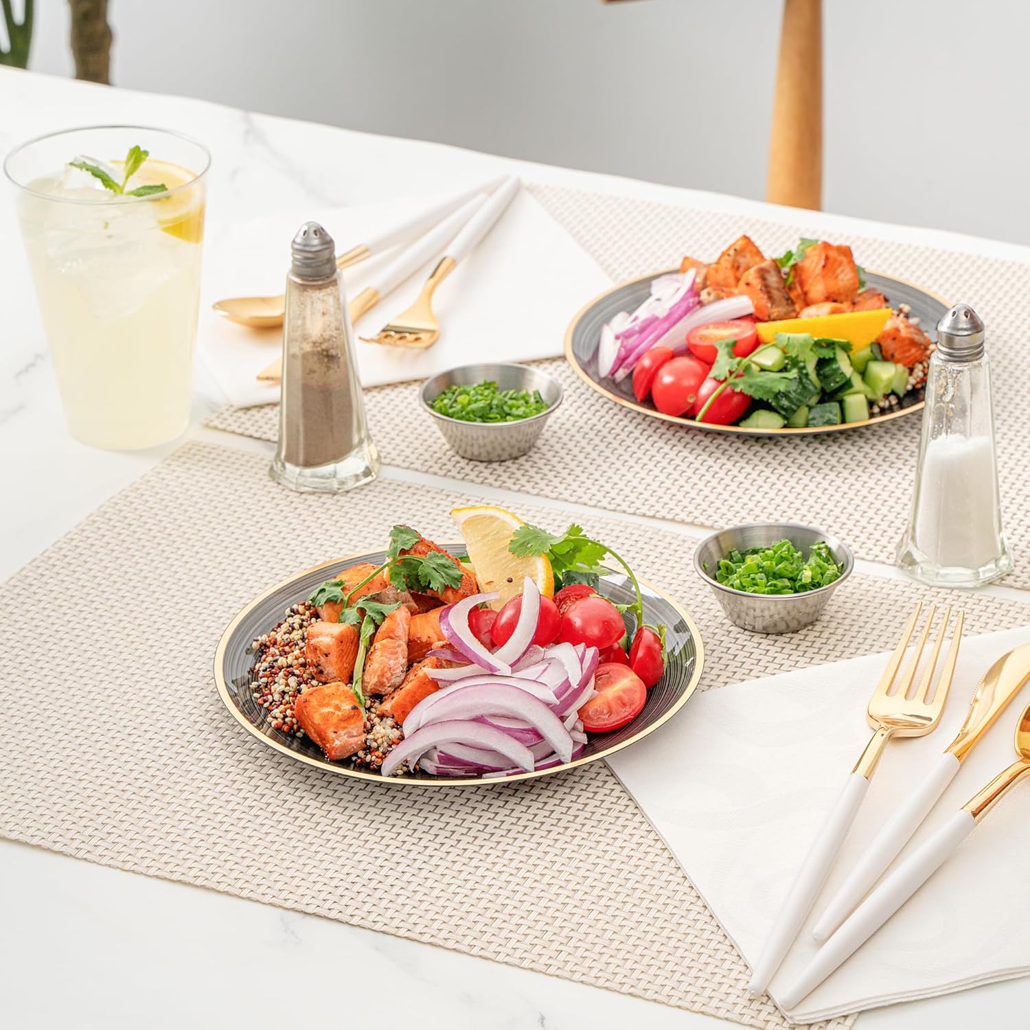 Restaurantware Plastic Plates 20 Pcs 7.25" Gold Rimmed Disposable Plates Heavy-Duty Black Translucent Rippled Plastic Dinner Servers for Party, Weddings, Salads, Desserts, and Appetizers - Image 7