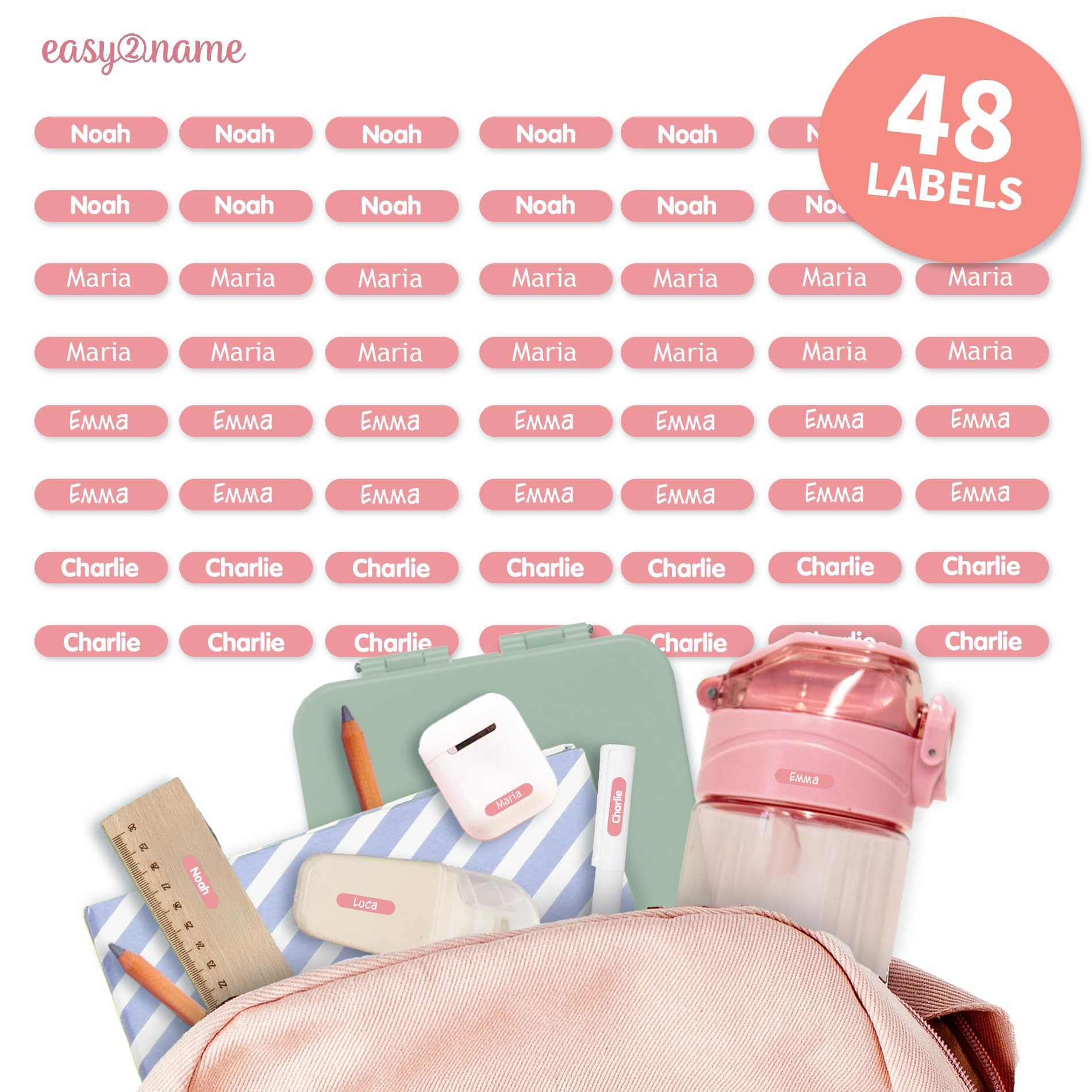 Easy2Name - Personalised mini XS Name Labels - Waterproof Name Stickers for Children and Adults - Ideal as Name Stickers in The Office, Workshop or School - 20x4mm - Coloured (Powder Rose, 48)