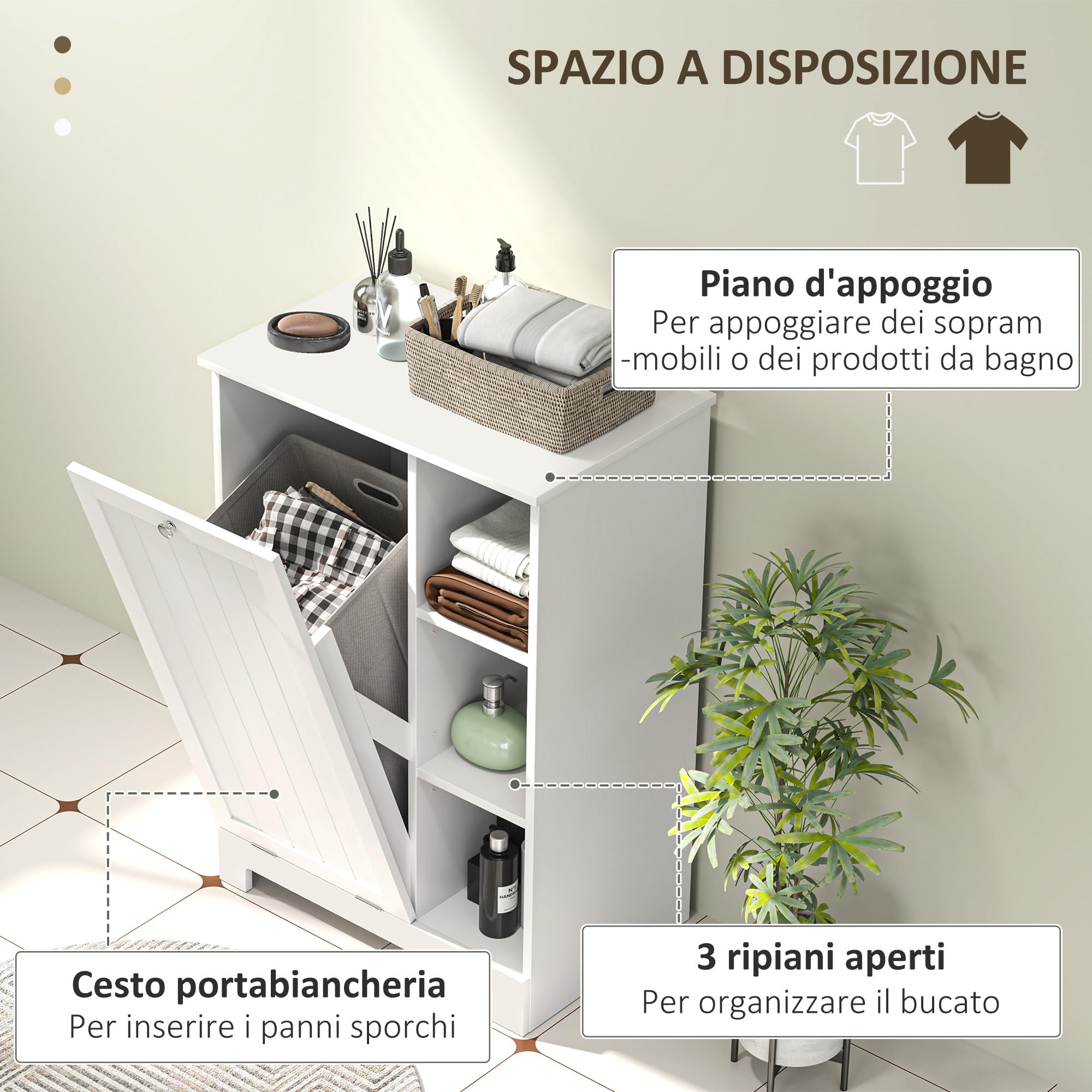 Mobile Da Bagno Con Cestello E Cassetto - Armadietto Salvaspazio In MDF Bianco 50x78,5x45 Cm - Foto 5