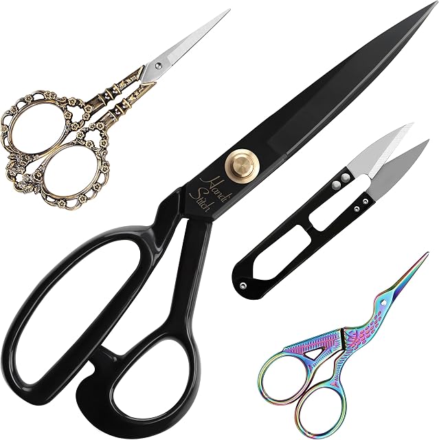 Handi Stitch Dressmaking Tailor Scissors (4 Pieces) - L23.5cm / 9.25 inches Heavy-Duty Steel Shears - Professional Sharp Sewing Scissor/snipper set for Leather, Fabric, Clothes, Yarn, Denim & Altering