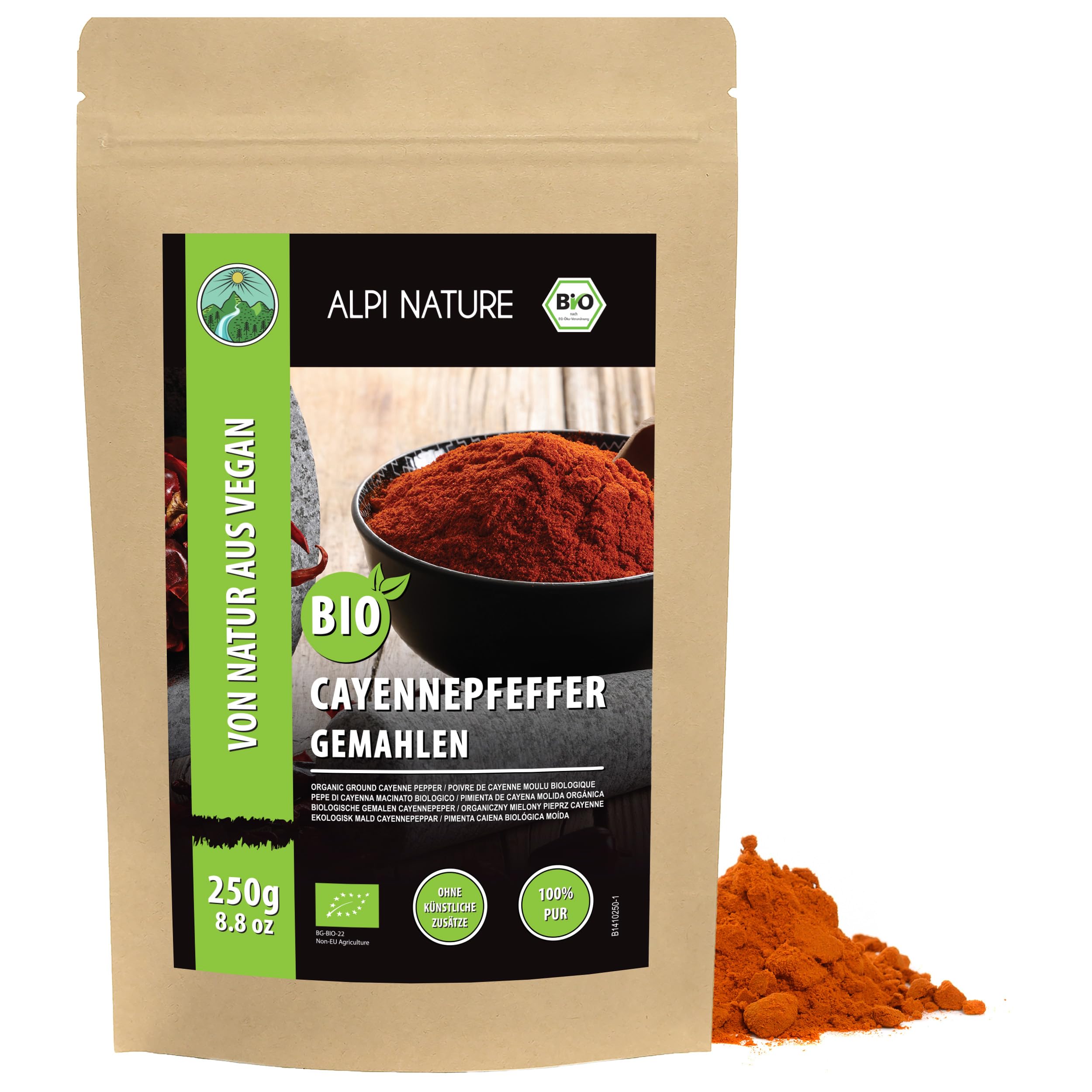 Alpi Nature Organic Cayenne Pepper Powder 250g 8.8 oz, Ground Cayenne Chilli Pepper, Hot Chilli Powder