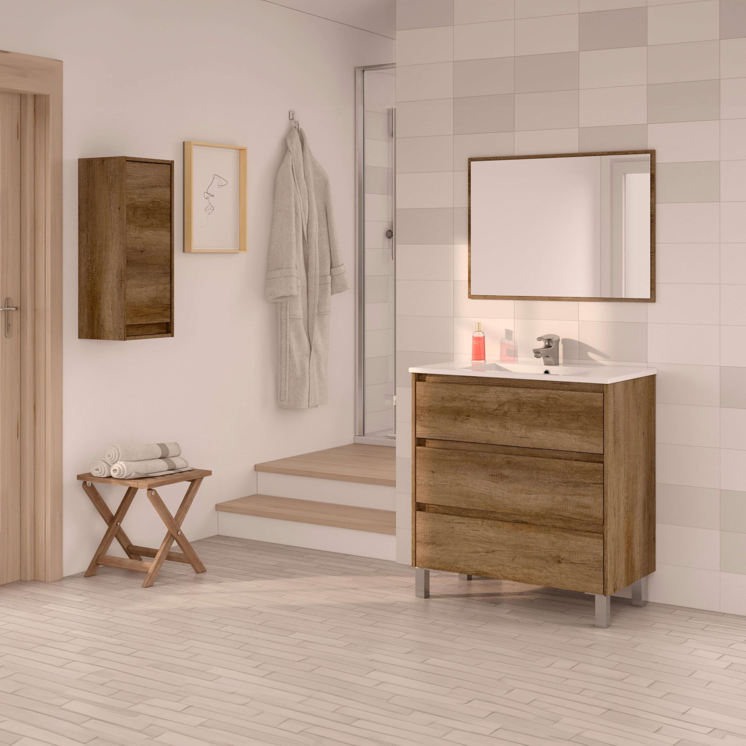 Miroytengo Columna de baño, Lavabo, de Pared, Color nordik, Tirador Integrado, diseño Moderno, Mueble Auxiliar, baño pequeño, 30x26x74 cm