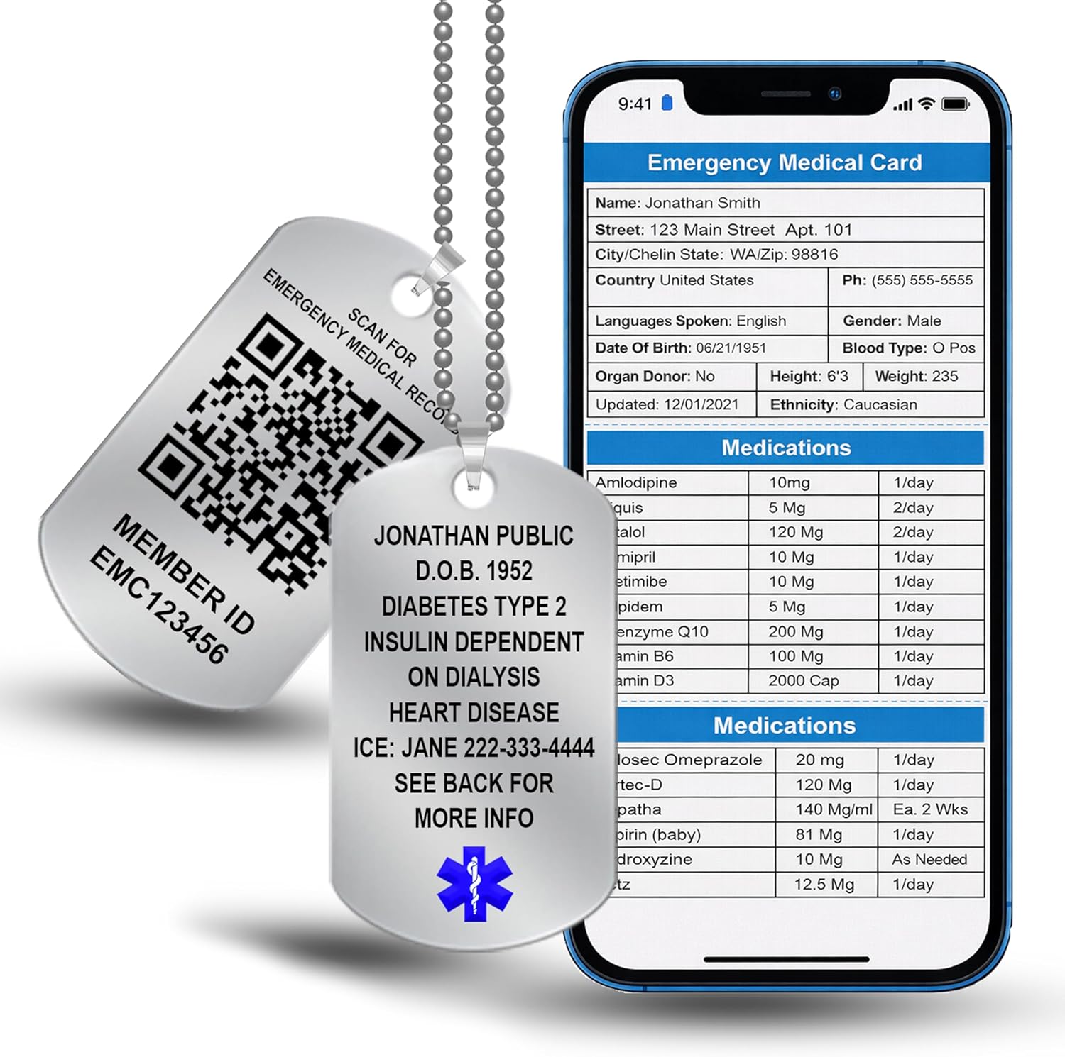 Scannable QR Code Medical Alert Dog Tag Necklace – Stainless Steel Medical ID with Emergency Medical Card (EMC) Profile – No Subscription Fees – Custom Engraved Medic ID for Allergies