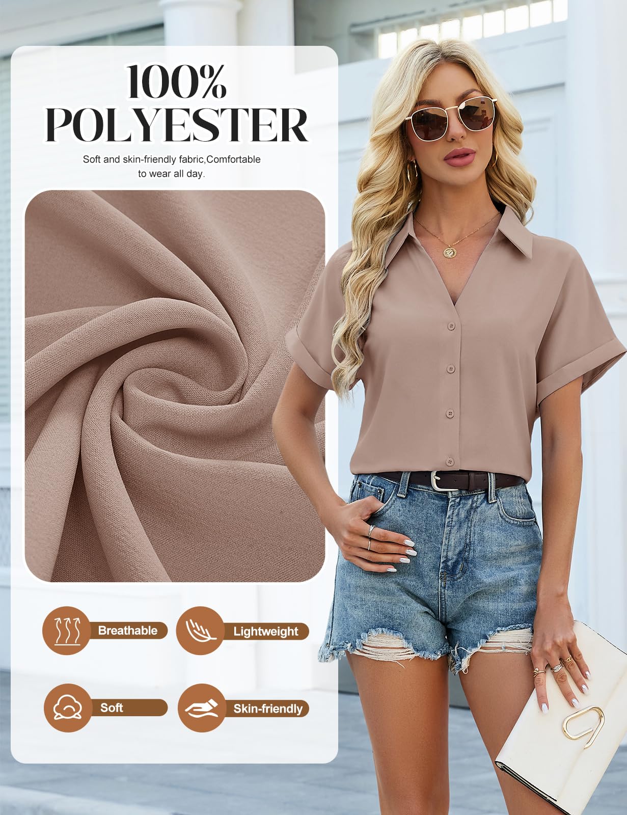 HEEKPEK Chemise Femme Manche Courte Chemisier Chic et Élégant Blouse Manches Chauve-Souris Haut Été Col en V Tunique avec Boutons T-Shirt Ample Tops D'été pour Décontractés Travail