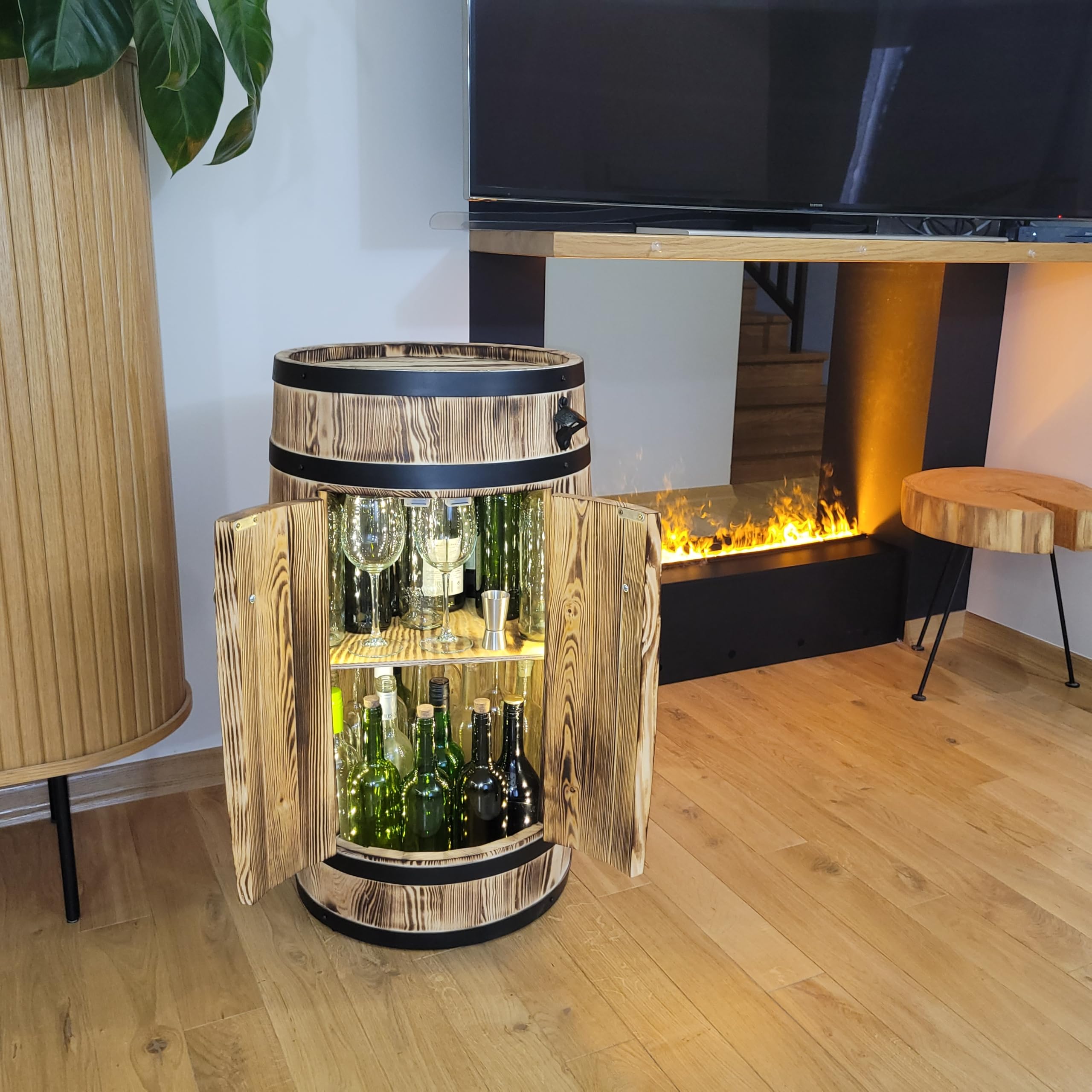 weeco Casa bar in botte di legno con illuminazione a LED e porte, 2 ripiani per bottiglie, stile rustico, mobili da bar 80 x 50 cm