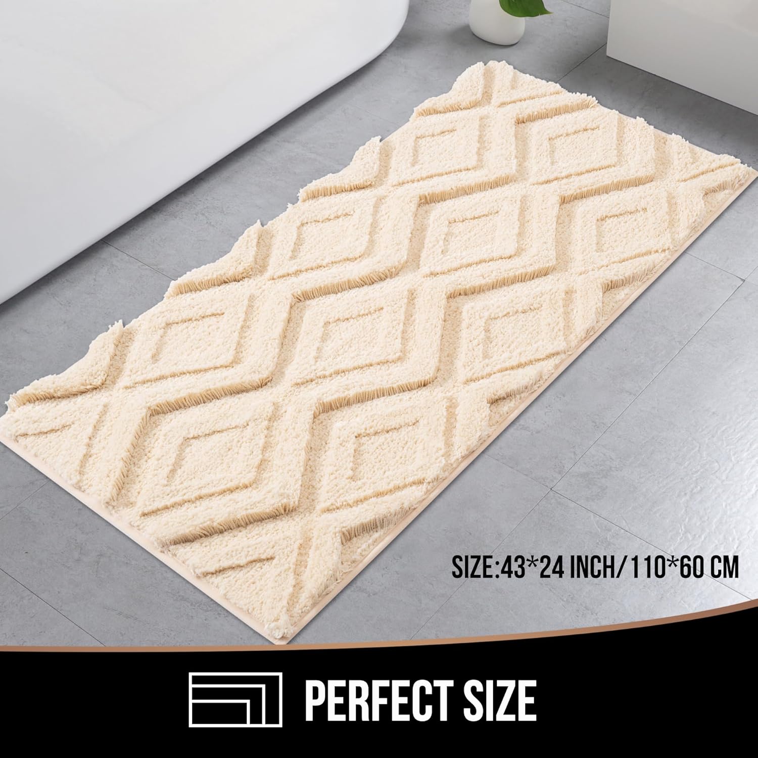 Bath Mat & Bathroom-Rugs 43x24, Ultra Soft Machine Washable Microfiber Bath Mat, Absorbent Quick Dry Non Slip Rug for Bathroom Floor, Tub and Shower, Beige